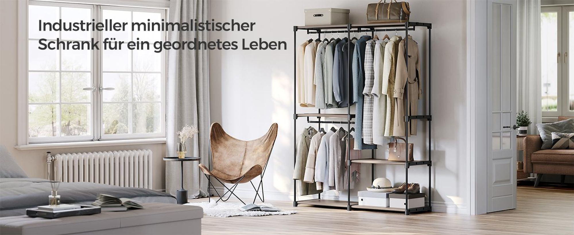 SONGMICS Kleiderschrank offen, Kleiderständer, Kleiderstange, Garderobe, 43 x 138 x 182 cm, 3 Hängefächer