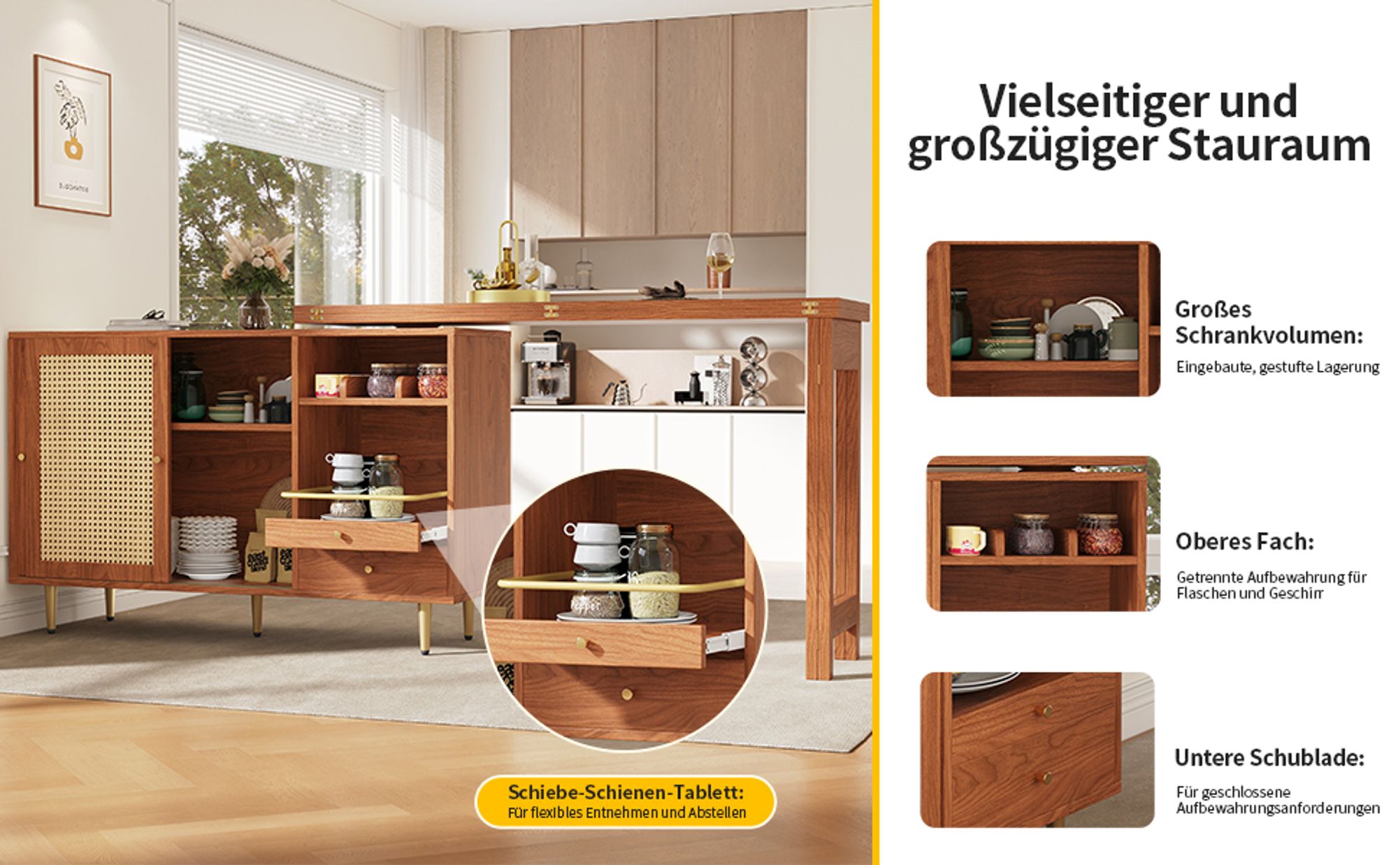 Flieks Bartisch 360°drehbar mit Rattan-Schiebetür, Stehtisch mit klappbare Tischplatte, Sideboard Essbar 120-187x40-80x76 cm, braun
