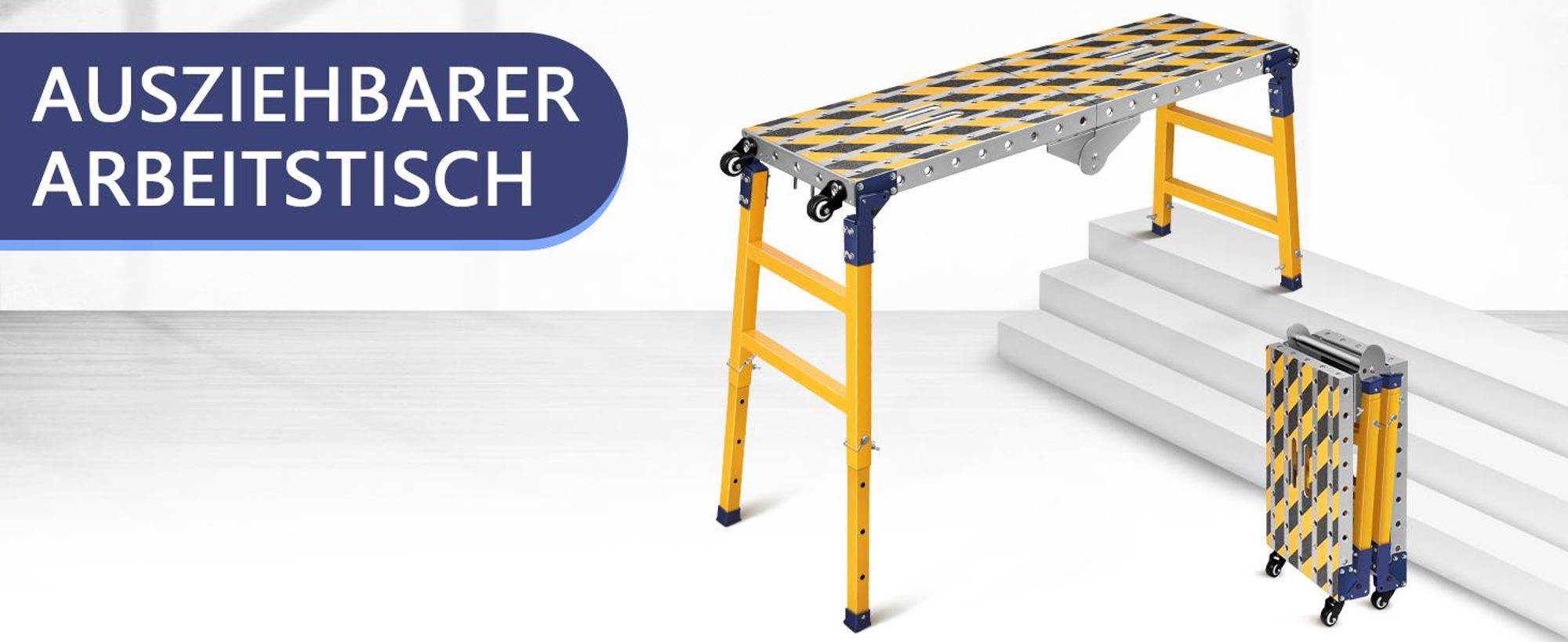 2in1 70-110cm Höhenverstellbar Antirutsch Arbeitsplattform Mobiler Schweißtisch Klappbare 160*36cm Arbeitsbühne Laufbühne Gerüst Werkbank Verzinkte