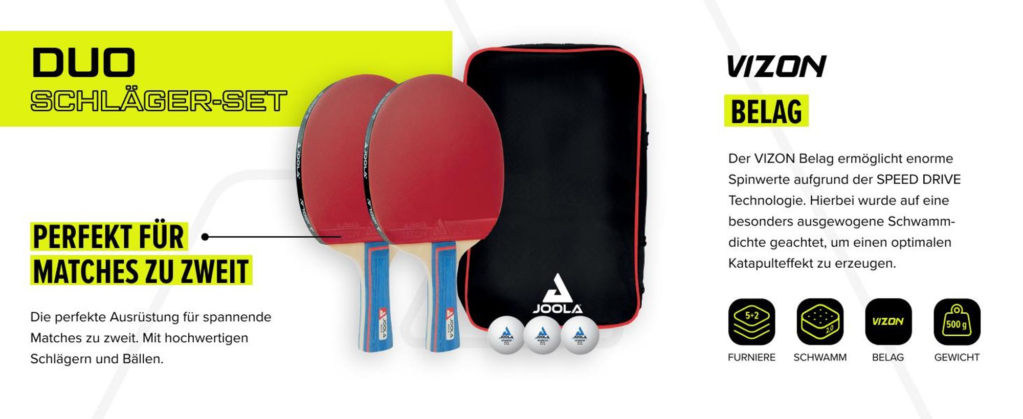 JOOLA Tischtennis-Set Duo - 2 Tischtennisschläger + 3 Tischtennisbälle+ Aufbewahrungstasche
