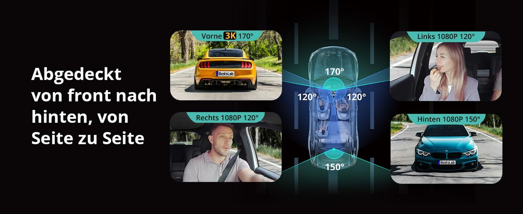 BOTSLAB 4 Kanal Dashcam Auto Vorne Hinten, 4 Channel 3K+3 * 1080P, Autokamera mit 128GB SD Karte, GPS 5GHz WiFi,3.18" IPS-Bildschirm,Super Nachtsicht