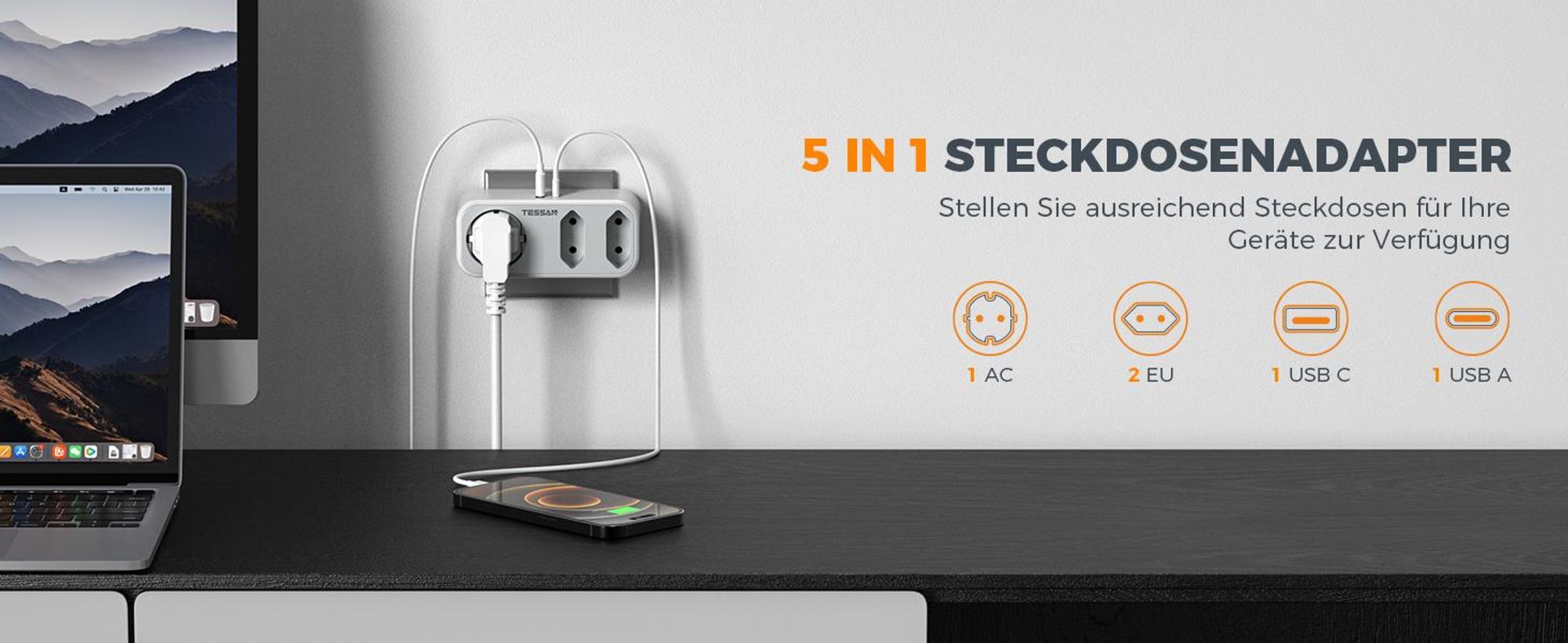 TESSAN Mehrfachstecker 3 Fach Steckdosenadapter mit 1 USB C und 1 USB A 3600W Grau