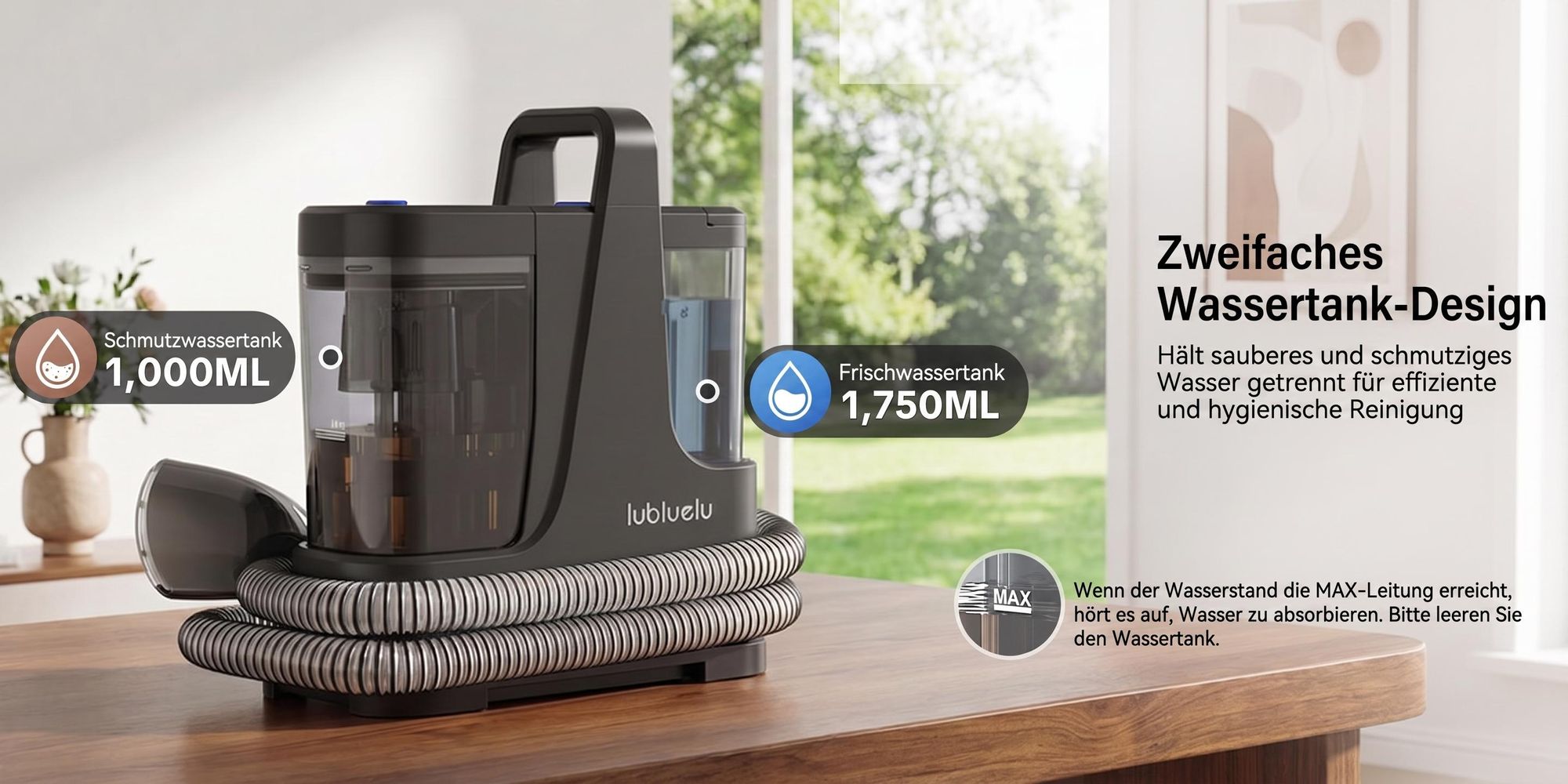 Lubluelu V9 Polsterreinigungsgerät Waschsauger mit Dampffunktion, 60 °C Warmwasser, 16500Pa, 1250W Nasssaugerfür Sofa Auto Teppiche Selbstreinigung