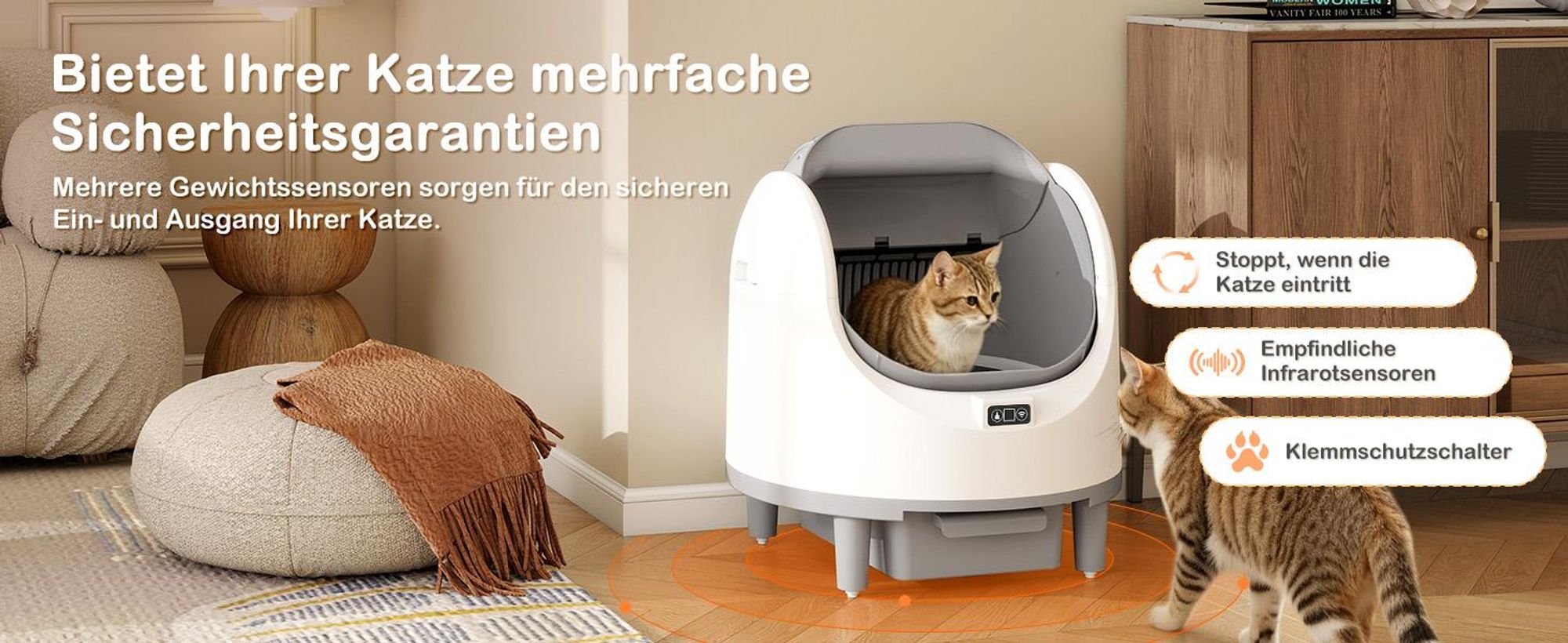 Puluomis Selbstreinigende Katzentoilette 80L XXL, offenes Katzenklo mit App-Steuerung, 12 Sensoren, 8L Abfallbehälter, leise, für Katzen bis 15kg