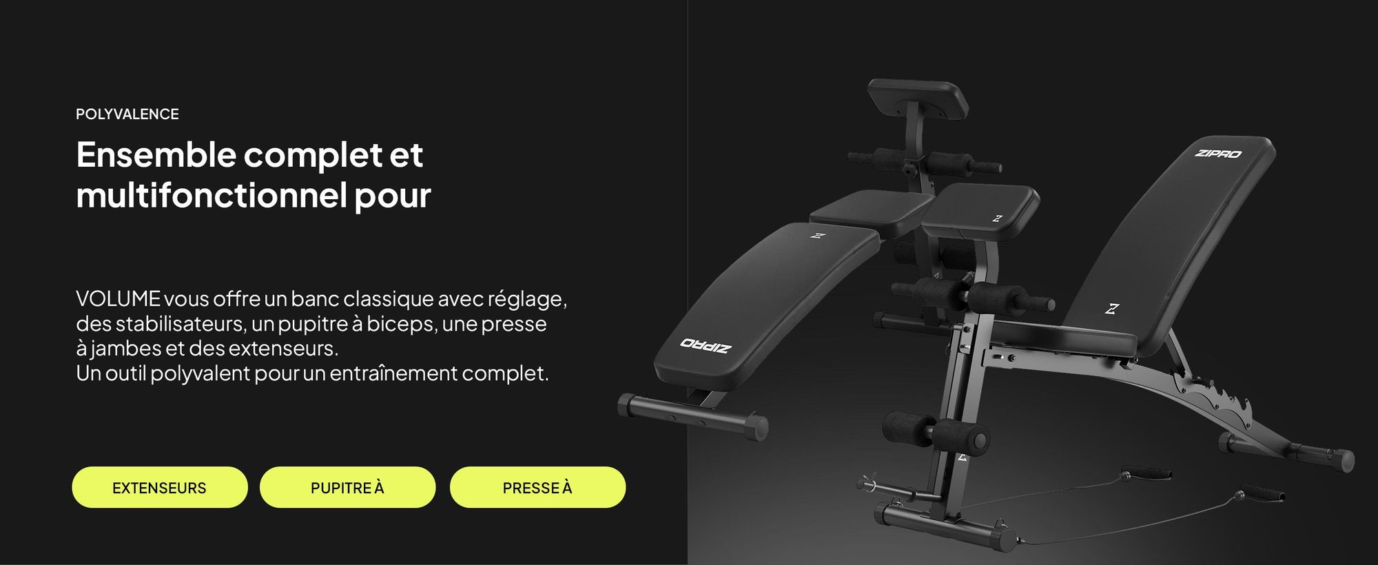 Zipro Volume Banc d'entraînement multifonctionnel avec presse à jambes et banc de curl pour biceps pour l'entraînement de tout le corps, banc réglable, noir, capacité de charge 230 kg