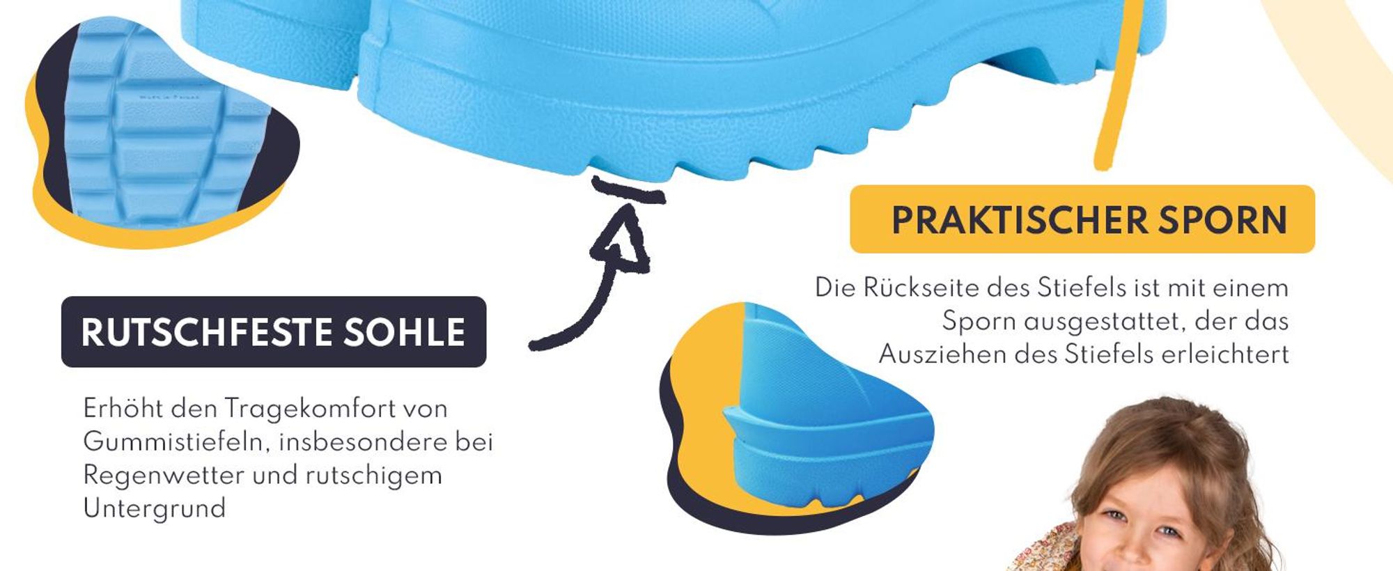 3Kamido GoSplash Kindergummistiefel, sehr leicht und bequem, wasserdicht, mit Griff zum einfachen Anziehen und rutschfester Sohle - Gelb 25/26
