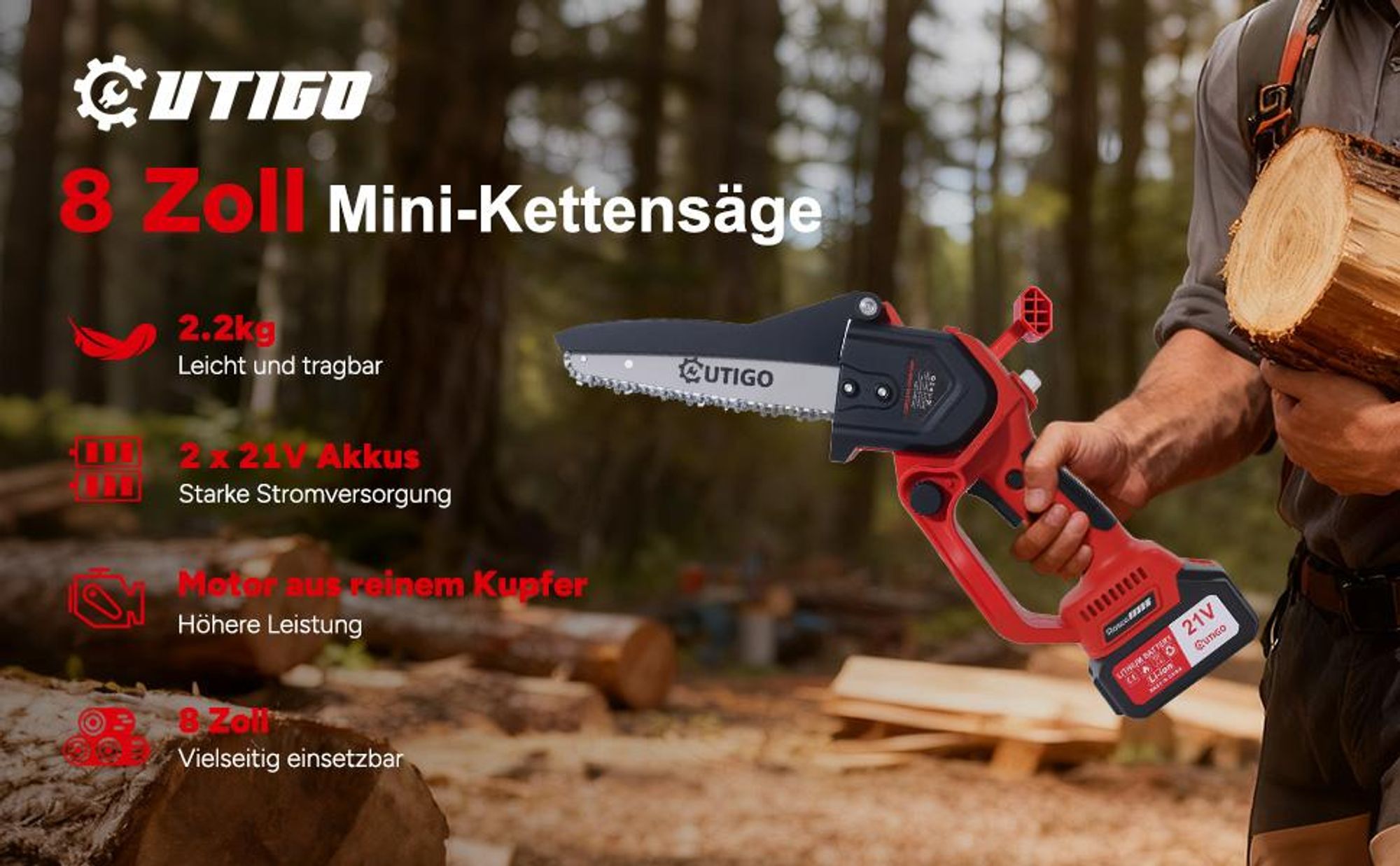 8 Zoll Akku Kettensäge, OUTIGO 1000 W Akku-Kettensäge, 21 V Akkus 2*4000mAh , leistungsstarkes Gartengerät zum Schneiden von Ästen