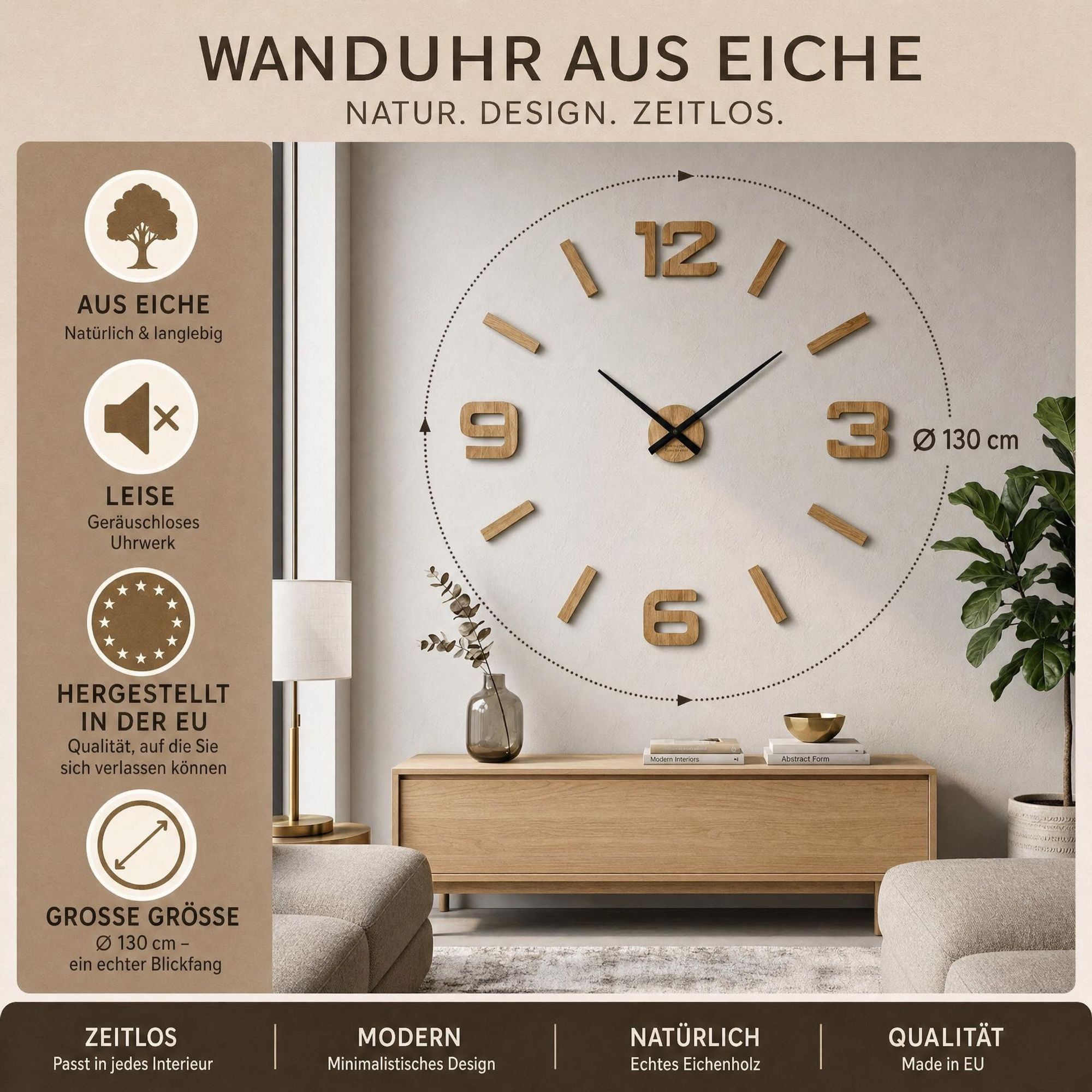 3D Wanduhren DIY Holz Eiche große Wanduhr 100-130CM 3D Wanduhr Modern Design EKO Wanduhren Wandtattoo Dekoration Uhren für Büro Wohnzimmer Schlafzimmer Dekoartikel Quarzuhr (Schwarze Zeiger, Holz)