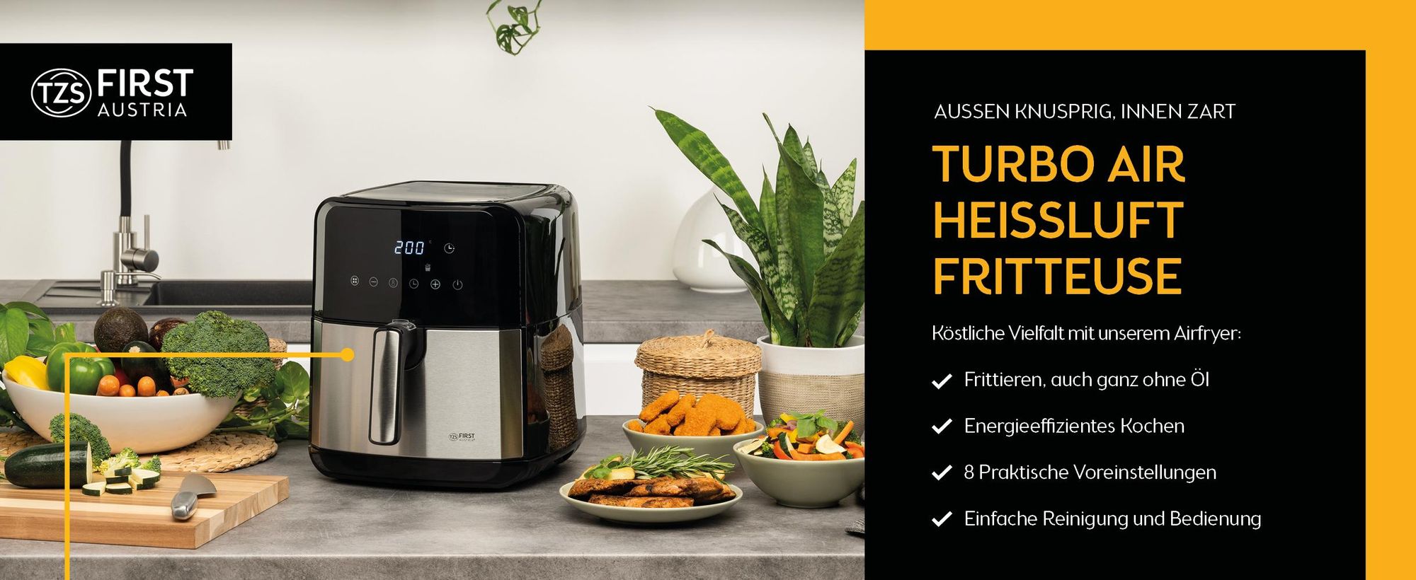 TZS First Austria Heißluftfritteuse 5L, 8 Programme, 1700W, Verzögerungstimer, Airfryer Ohne Öl & Fett, Edelstahlkorb, Kompaktfriteuse, Friteuse Heissluft Digital