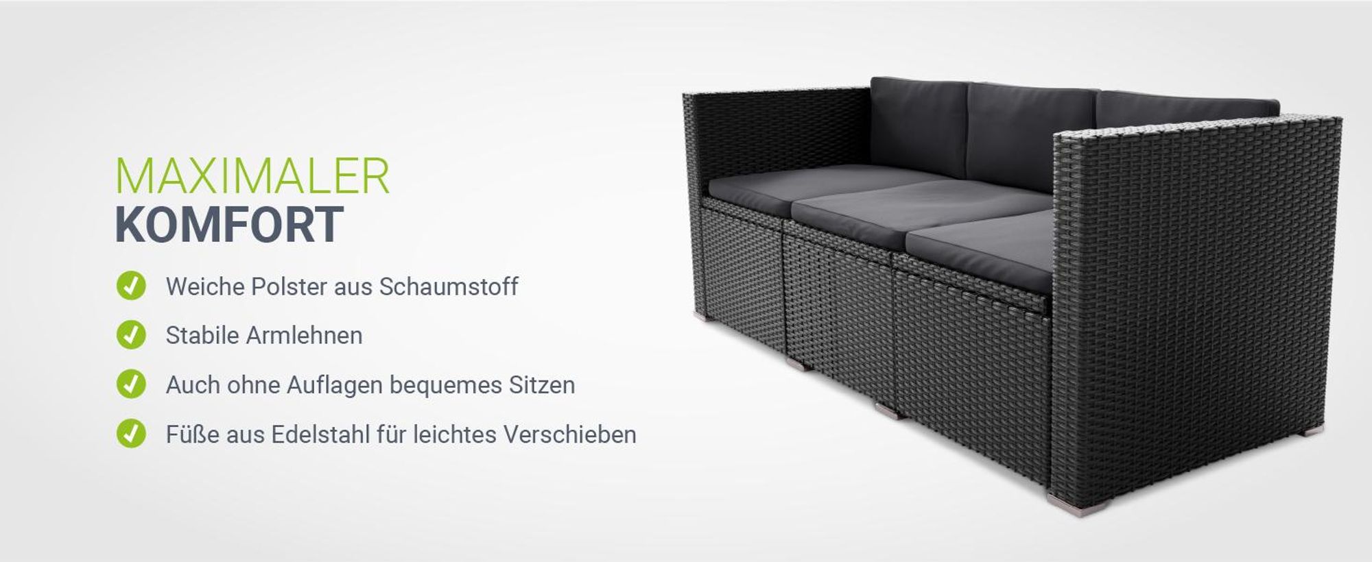 Juskys Polyrattan Lounge Punta Cana L schwarz – Gartenlounge Set 4-5 Personen – Sitzgruppe mit Sessel, Sofa, Tisch & Hocker - Sitzbezüge Dunkelgrau