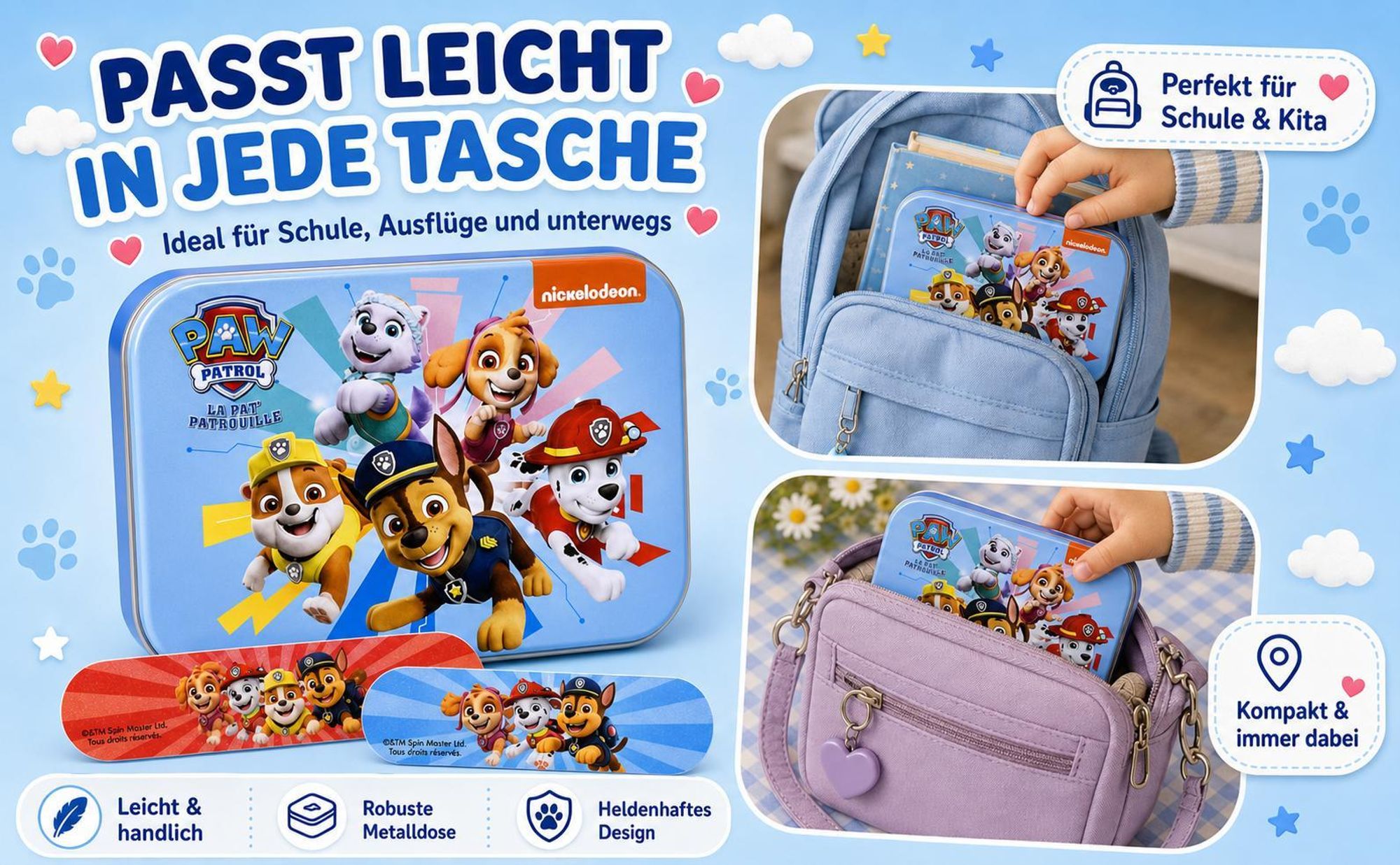 Paw Patrol Kinderpflaster Lizensiertes Produkt - Metall-Box - 24 Pflaster - Schönes Design Pflaster Aufbewahrungsbox für Kinder - 1 Box
