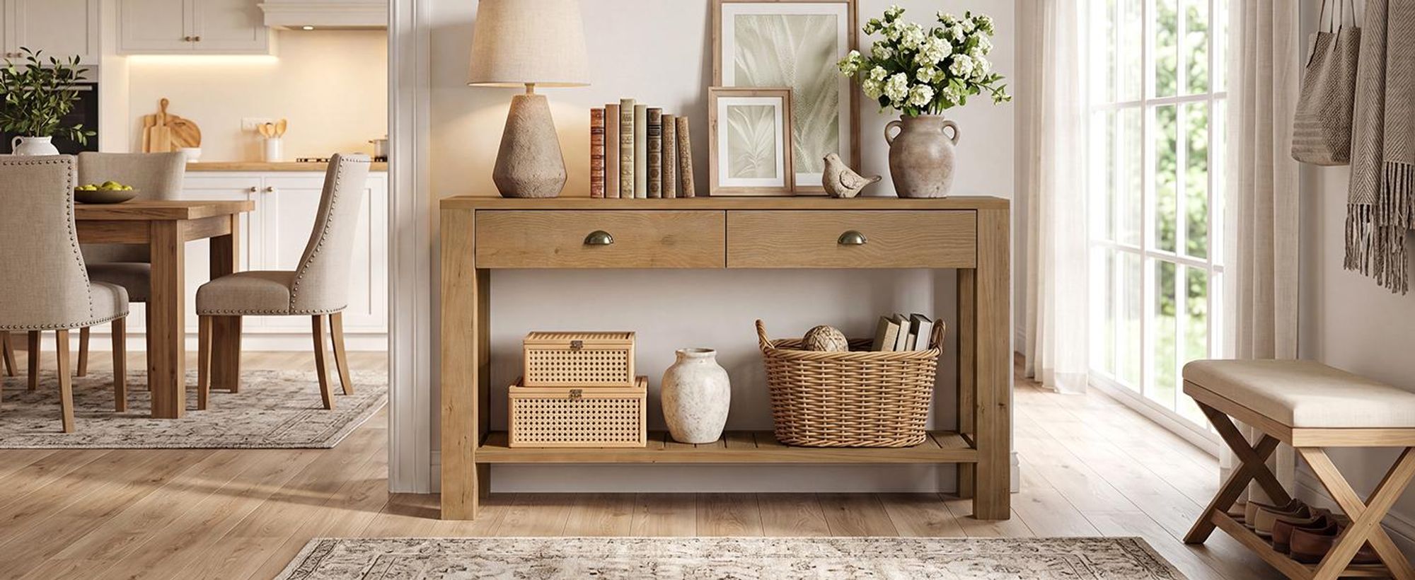 Konsolentisch aus Massivholz mit 2 Schubladen, 140 cm langer Flurtisch im Landhausstil mit offenem Ablagefach für Wohnzimmer und Flur