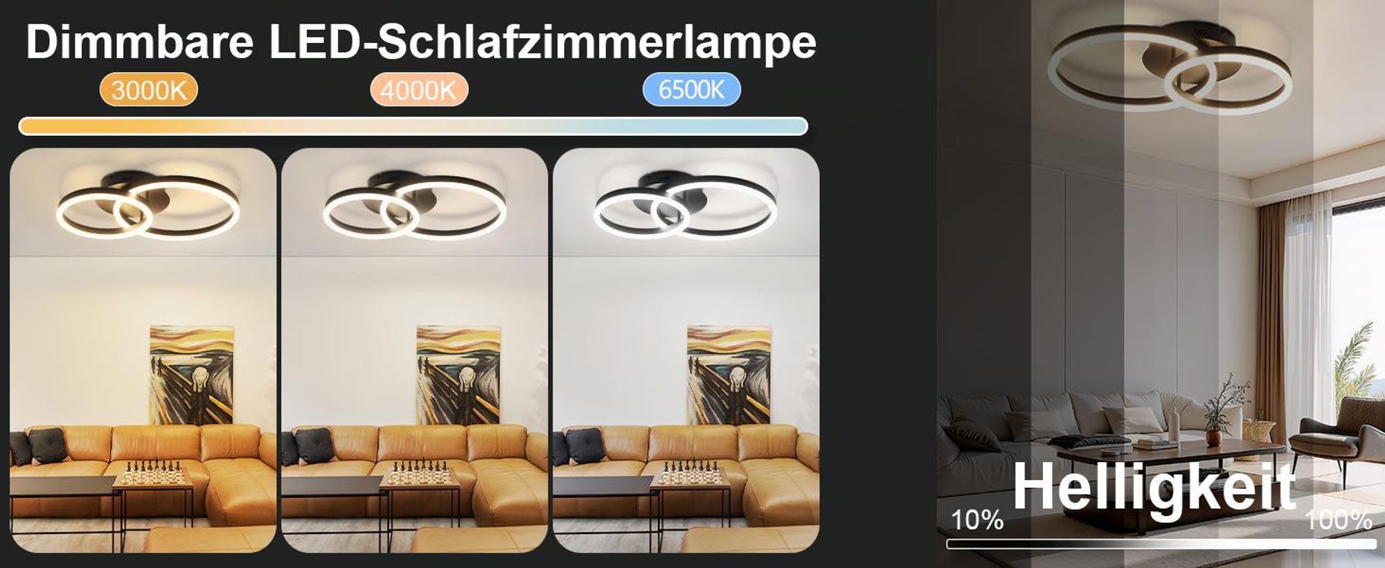 ZMH LED plafoniera 45W dimmerabile con telecomando lampada a soffitto 2 anelli luce interna per soggiorno camera da letto cucina ufficio studio nero