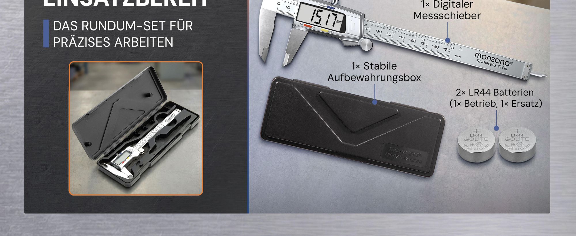 MONZANA® Messschieber Digital Edelstahl 150mm LCD Display Aufbewahrungsbox Ersatzbatterie Schieblehre Messlehre