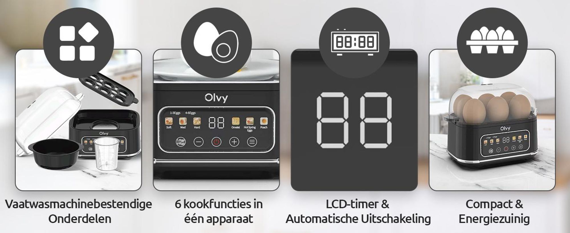 Olvy eierkoker voor 1-6 eieren met omelet- en gepocheerdei-functie – LCD-timer, automatische uitschakeling, BPA-vrij, gemakkelijk te reinigen, elektrisch en compact