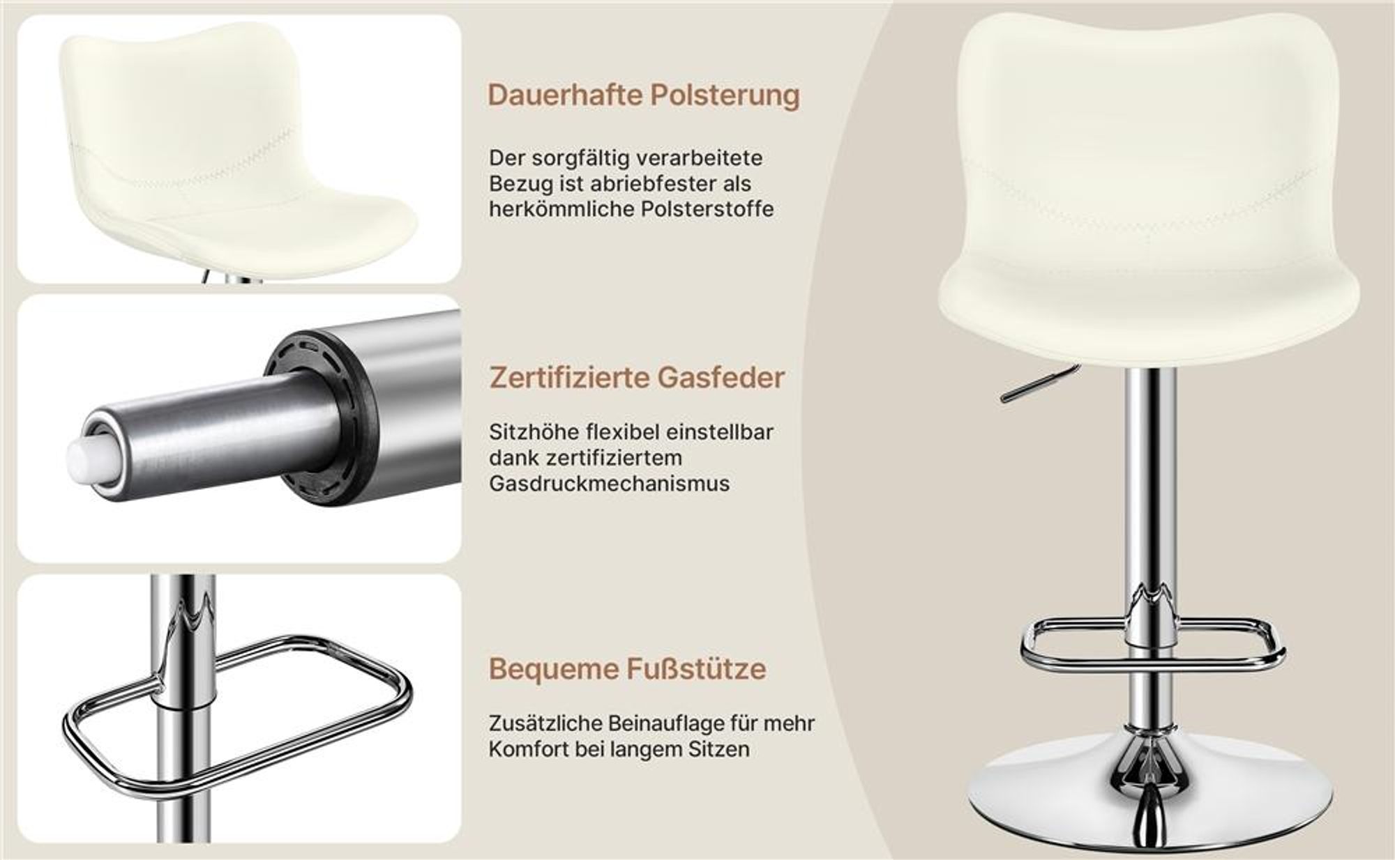 Yaheetech Barhocker Tresenhocker 2er Set, Drehhocker höhenverstellbar, mit Rückenlehne & Fußstütze, Weiß