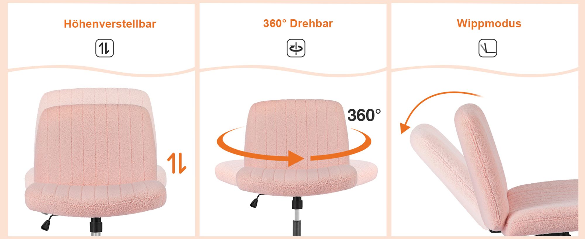 Sweetcrispy Bürostuhl Ohne Armlehne, Teddysamt und Bequemes Netzgewebe Schneidersitz Stuhl, mit Verbreitertem Sitzkissen Criss Cross Chair(Rose)