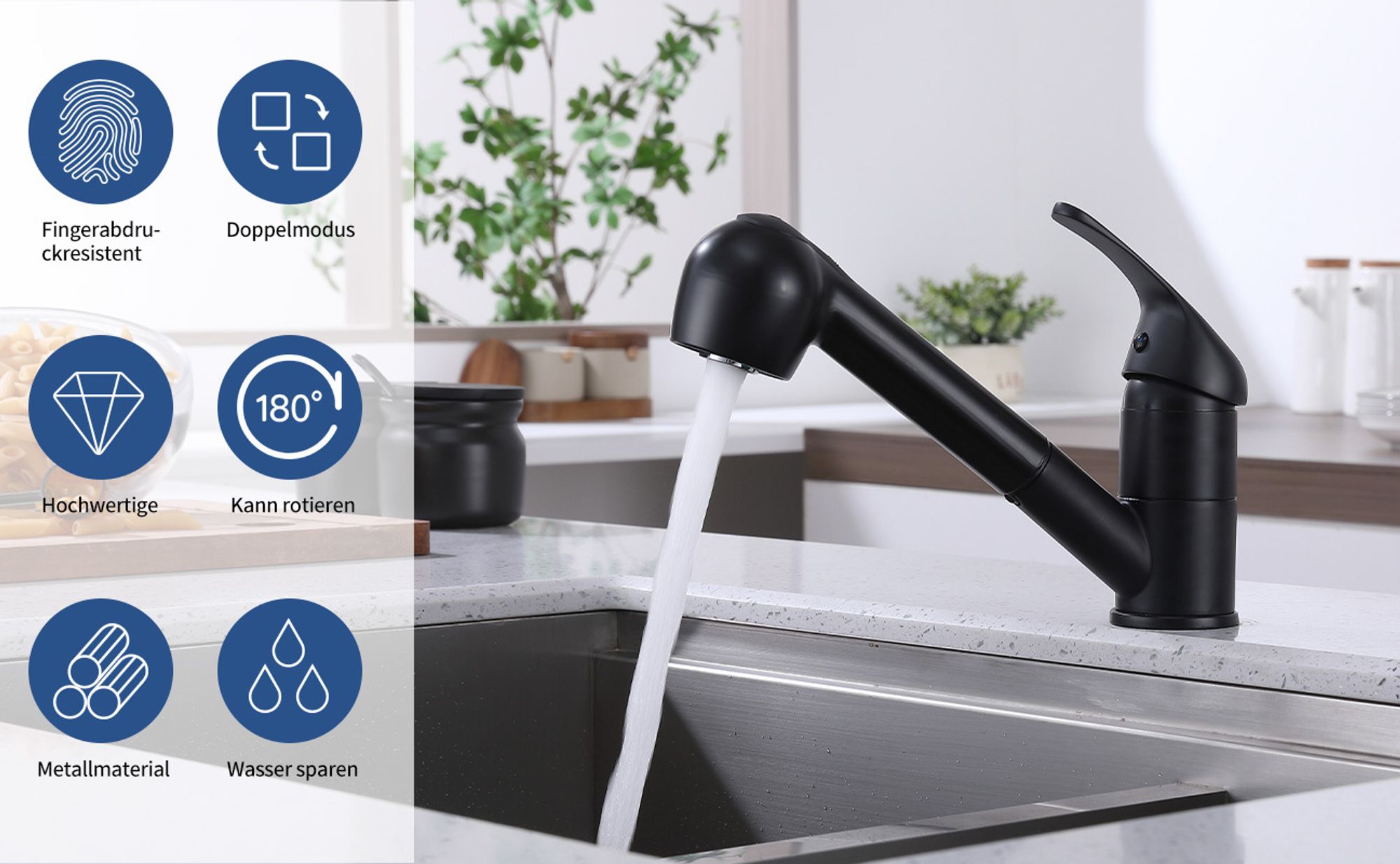 Wasserhahn Küche Schwarz, Küchenarmaturen Ausziehbar mit 2 Strahlarten, HOMELIVE Einhebel Mischbatterie Spültischarmatur für Küchen, Einhebelmischer