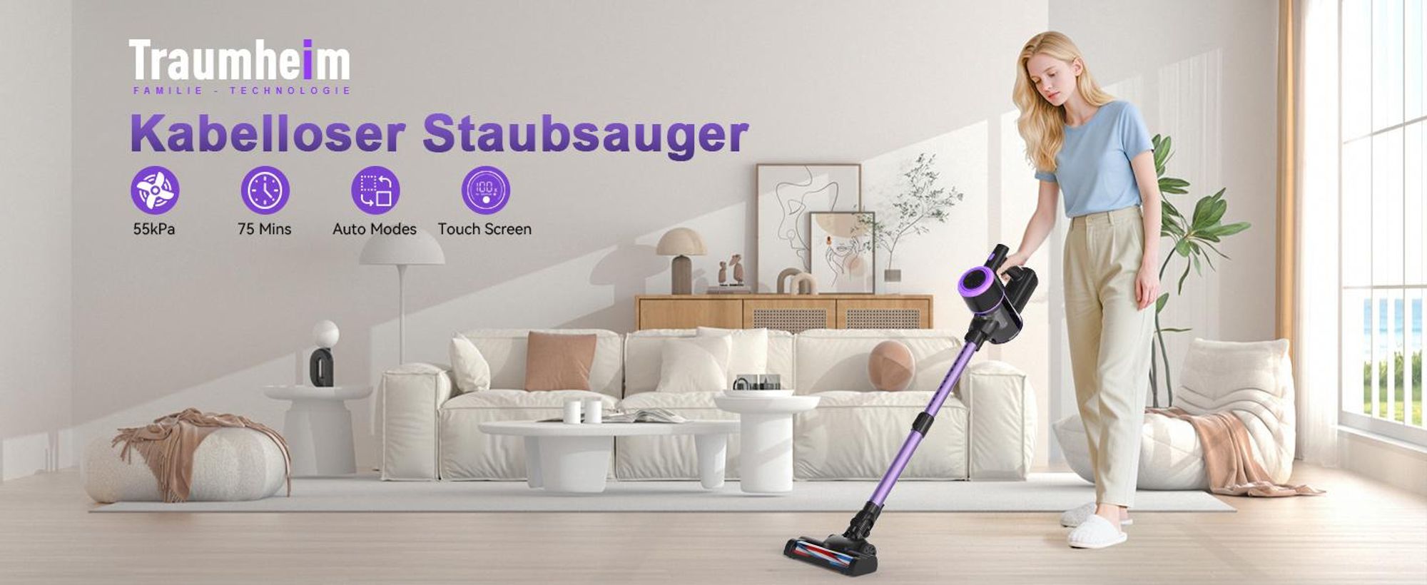 Akku Staubsauger, 500W/32000Pa Staubsauger kabellos mit HEPA ,45 Min, kabelloser Staubsauger,Anti-Tangle-Staubsauger