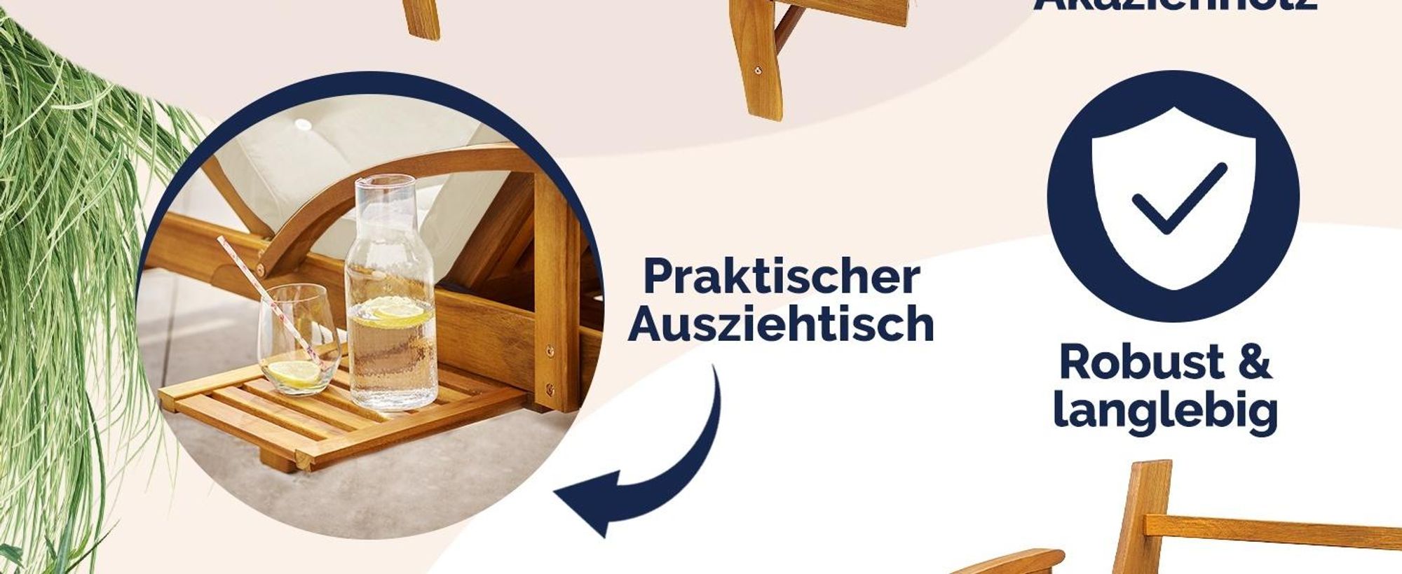 CASARIA® Sonnenliege Holz inkl. Auflage Creme 320kg Belastbar 195x55cm Klappbar Räder Rückenlehne Verstellbar Ablage Akazie Gartenliege Balkon Garten Terrasse Liege Wetterfest