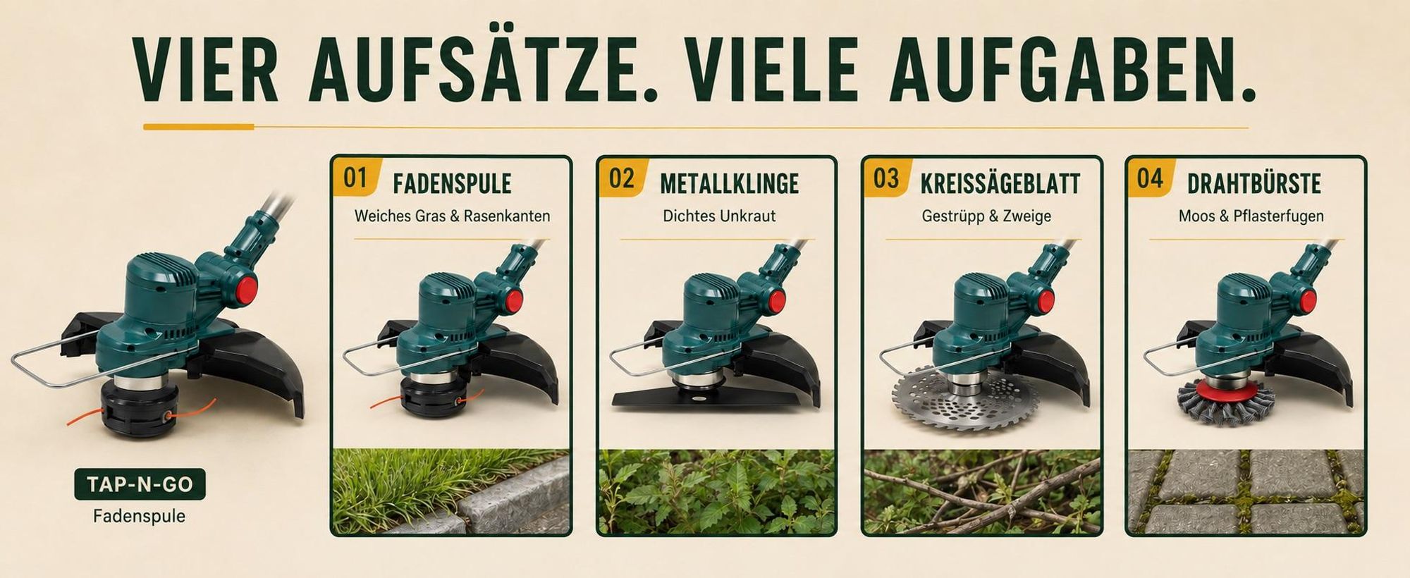 Akku Rasentrimmer mit 2× 4000mAh Akkus 21V, Bürstenloser Motor 750W Rasentrimmer mit Unkrautbürste, Freischneider Akku & Ladegerät - Blau