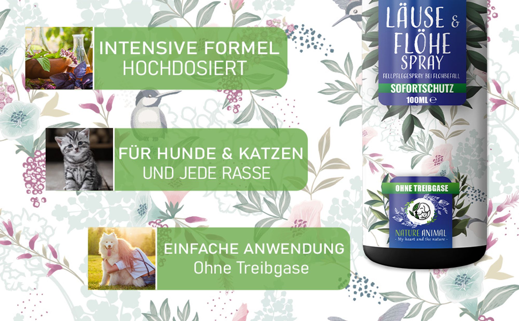 Nature Animal® Läuse & Flöhe Spray – Flohschutz für Ihr Haustier – Flohmittel für Hunde und Katzen – Ungeziefer Befall – Fellpflegespray - Flohbefall