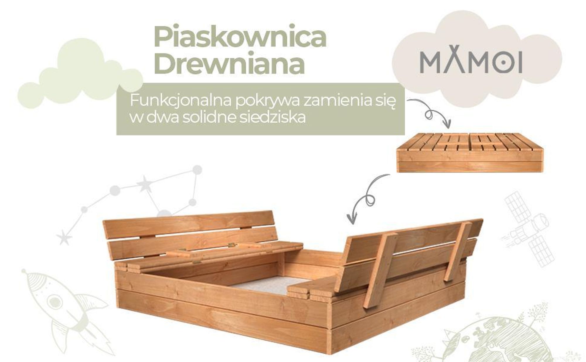MAMOI Piaskownica z pokrywą 120x120 Piaskownica impregnowana Piaskownica z ławkami Drewniana pokrywa na zabawki Ławki 150x150