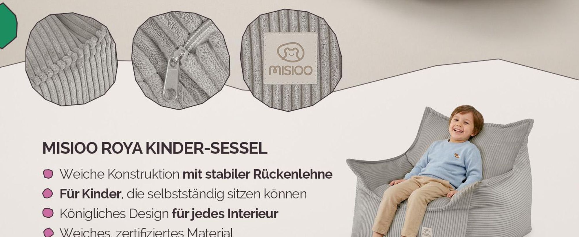MISIOO Kinder Sessel Roya Cord – Kindersessel für Kinderzimmer, Weicher Sitzsack Kinder, Bodensessel Bean Bag Sofa, Premium Cord , 80x73x58 cm