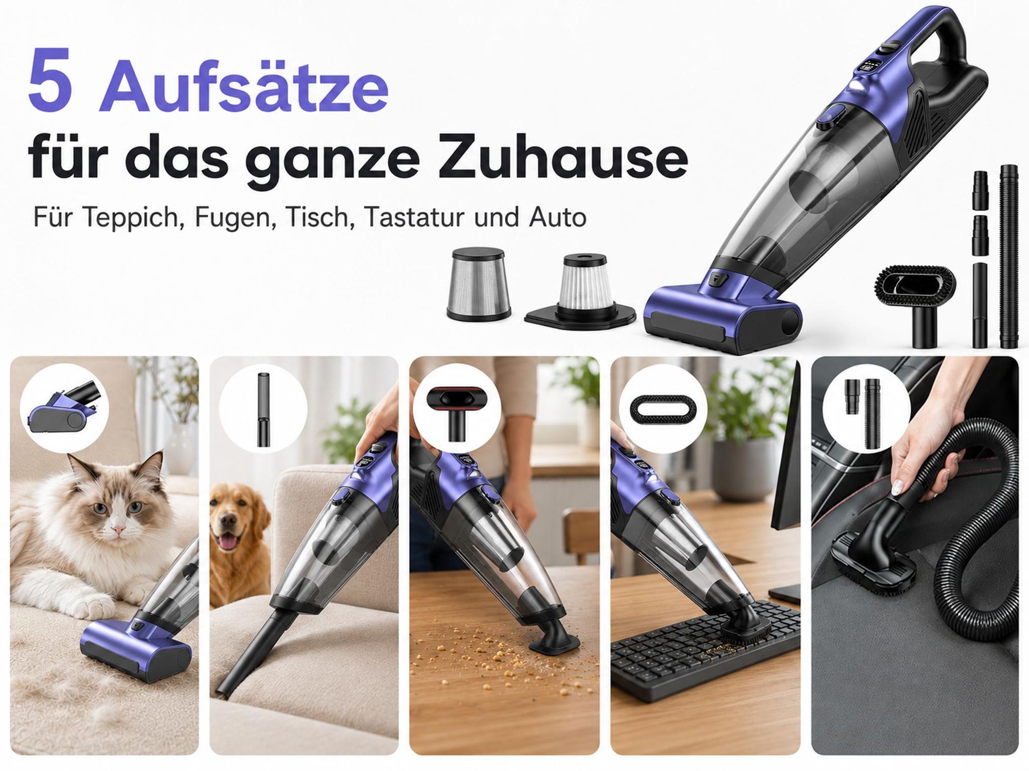 Akku Handstaubsauger 20000Pa, kabelloser Tierhaar-Handsauger mit LED-Licht & 10400mAh Akku, 2 Saugstufen, für Auto, Sofa, Teppich, Treppe, Tierhaare