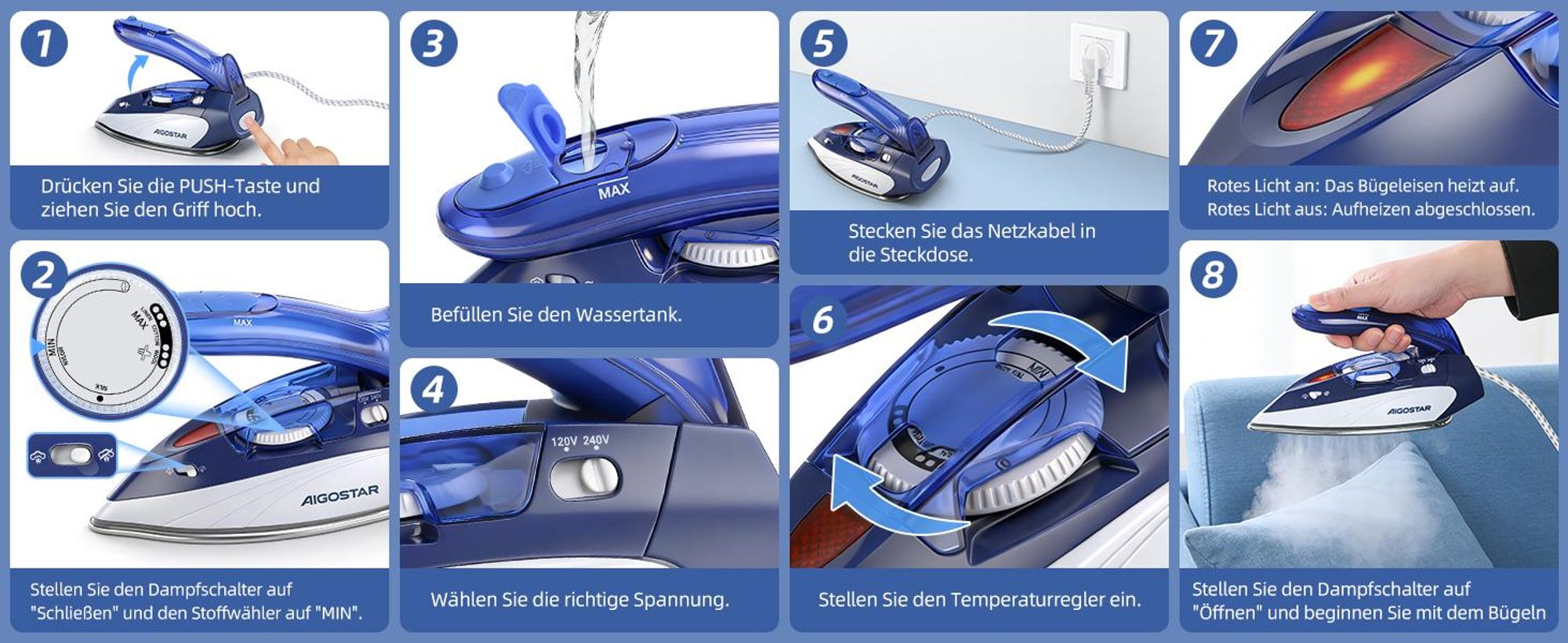 Aigostar Reise-Dampfbš¹geleisen Kleines Mini Dampf Bš¹geleisen Leichtes Reisebš¹geleisen Tragbar Faltbarer Griff Dampfbš¹geleisen Mehrere Temperaturstufen Reisedampfbš¹geleisen 1100W 80ml Wassertank