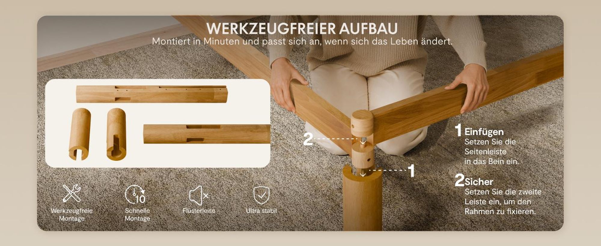 FLEXISPOT Massivholzbett 160x200cm aus Gummibaumholz, Doppelbett mit Kopfteil und Lattenrost, Japandi-Bett, bis 700KG, Rundzapfenkonstruktion, Hako G2