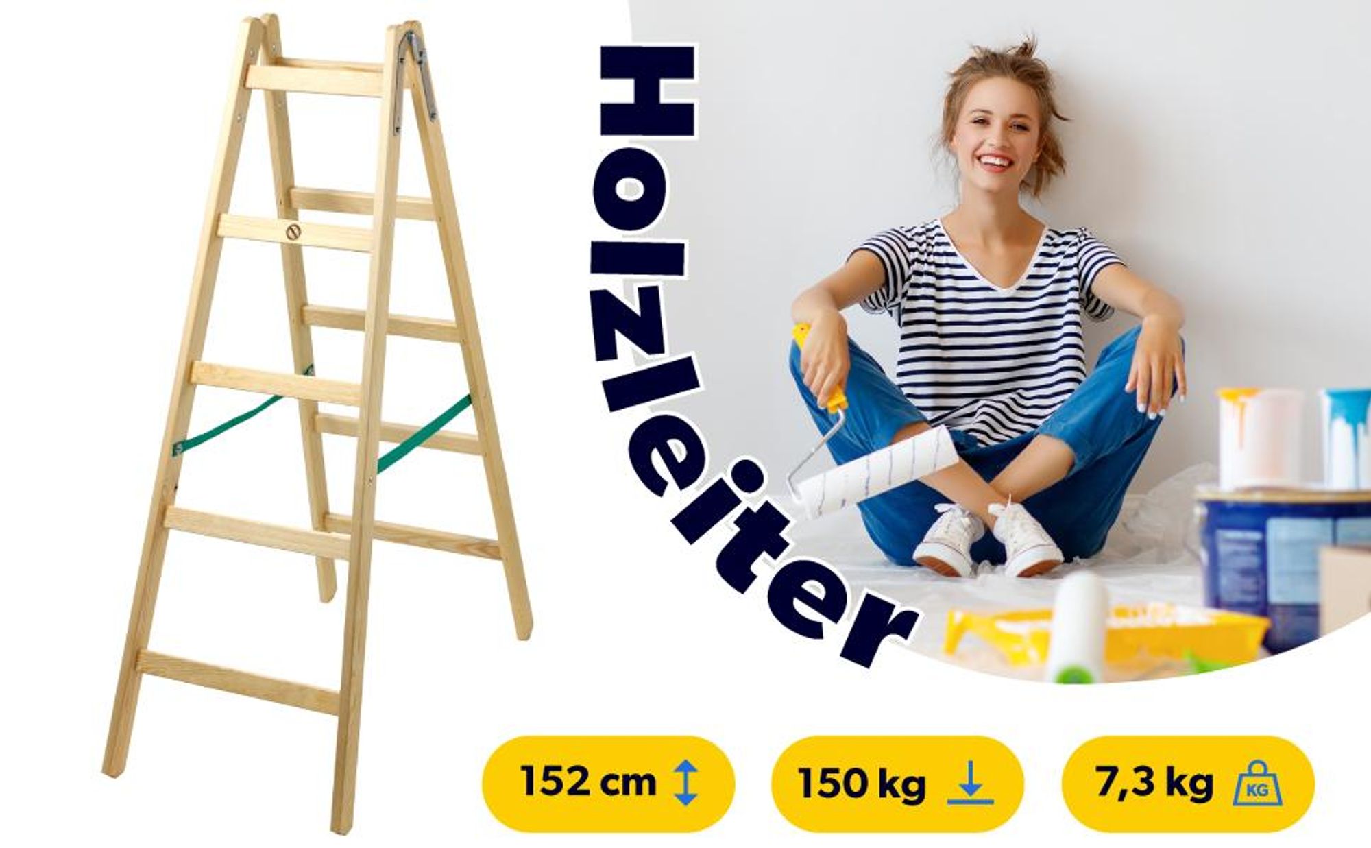 KADAX Leiter "Salo", Holzleiter, Bockleiter bis 150 kg, 152 cm, 5 Stufen