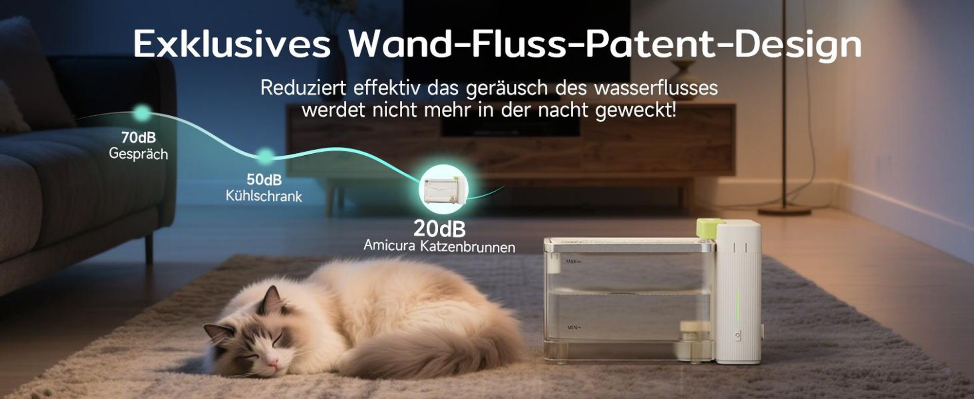 Amicura A3 Lite Trinkbrunnen für Katze mit Ultrafiltrationstechnologie - 3,3L Großer Tank, SUS316 Edelstahl-Trinkschale, ≤25dB, 100% Wasserdicht (Weiß)