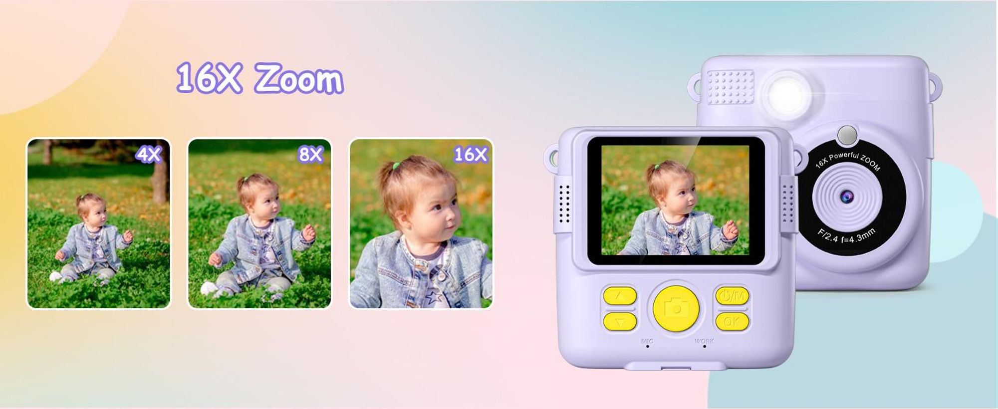 Kinderkamera, Sofortbildkameras, Sofortbildkamera, 1080P HD Sofortdruck von Fotos, 2.4 Zoll Bildschirm Digitalkamera mit 16x Digitalzoom, 32GB Karte