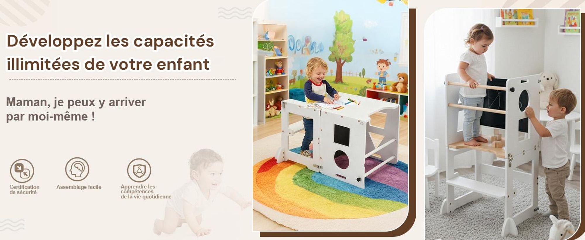 FCH Lernturm Für Kinder, Montessori Lernturm, 45 × 35 × 88cm, Fichtenholz + Mehrschichtplatte,Weiß