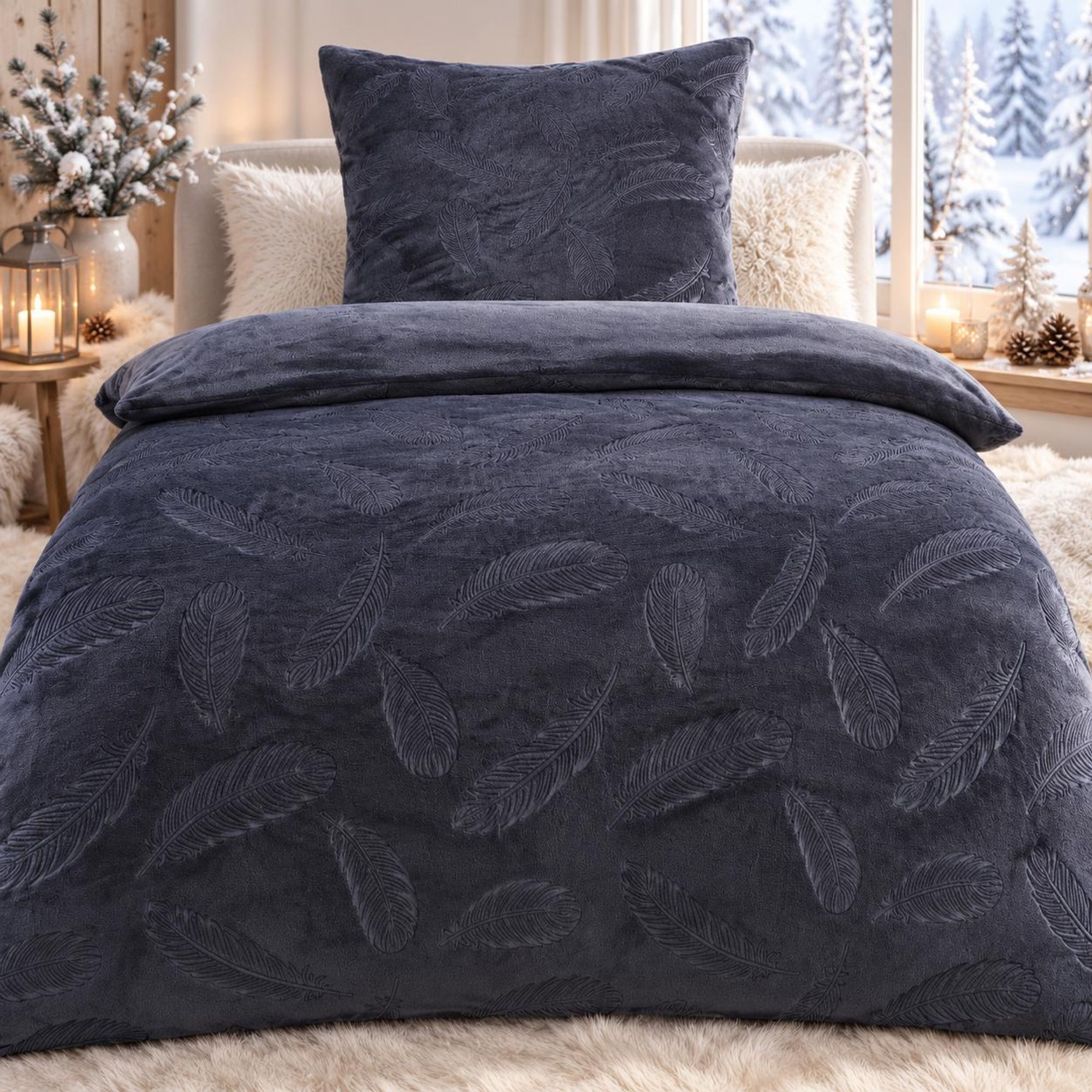 Bettwäsche Winter Flausch Cashmere Touch Uni Wende warm 2 teilig 135x200 mit RV Farbe Feder Anthrazit