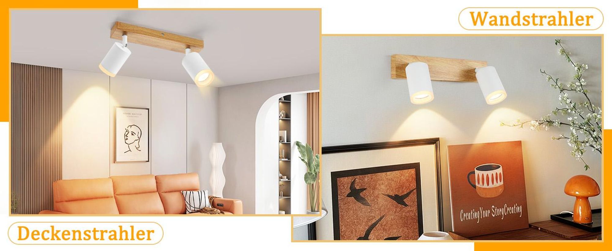 ZMH Deckenstrahler 2 Flammig Weiss Küchenlampe Holz GU10 Wandstrahler 350°Drehbar Vintage Flur Strahler Industrial Retro Ohne Leuchtmittel