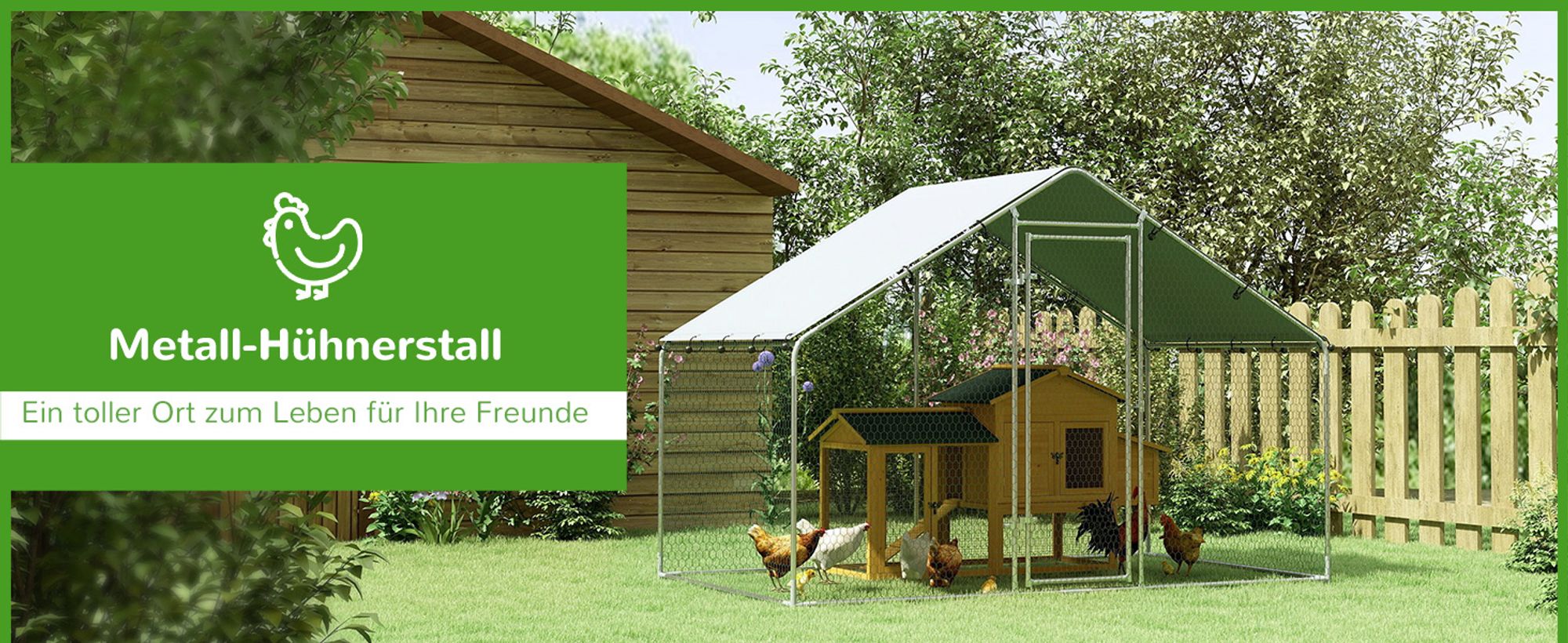 PawHut Hühnerstall Freilaufgehege 3x1,7x1,9 m mit Schloss Dach Verzinkter Stahl