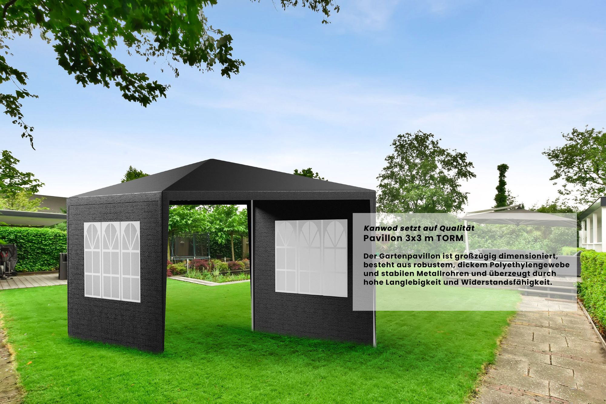 KANWOD Pavillon 3x3 m TORM, Partyzelt Wasserdicht von 9m² mit 4 Seitenwänden und 3 Fenstern