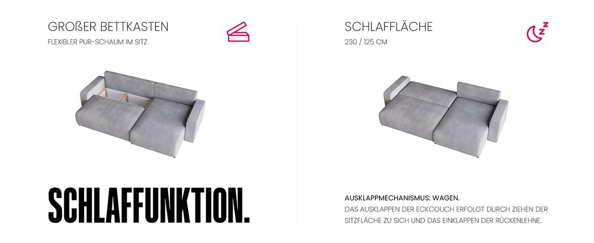 BroMARKT Ecksofa PUMI XL Schlaffunktion Bettkasten L-Form 125x230 cm Vanilla