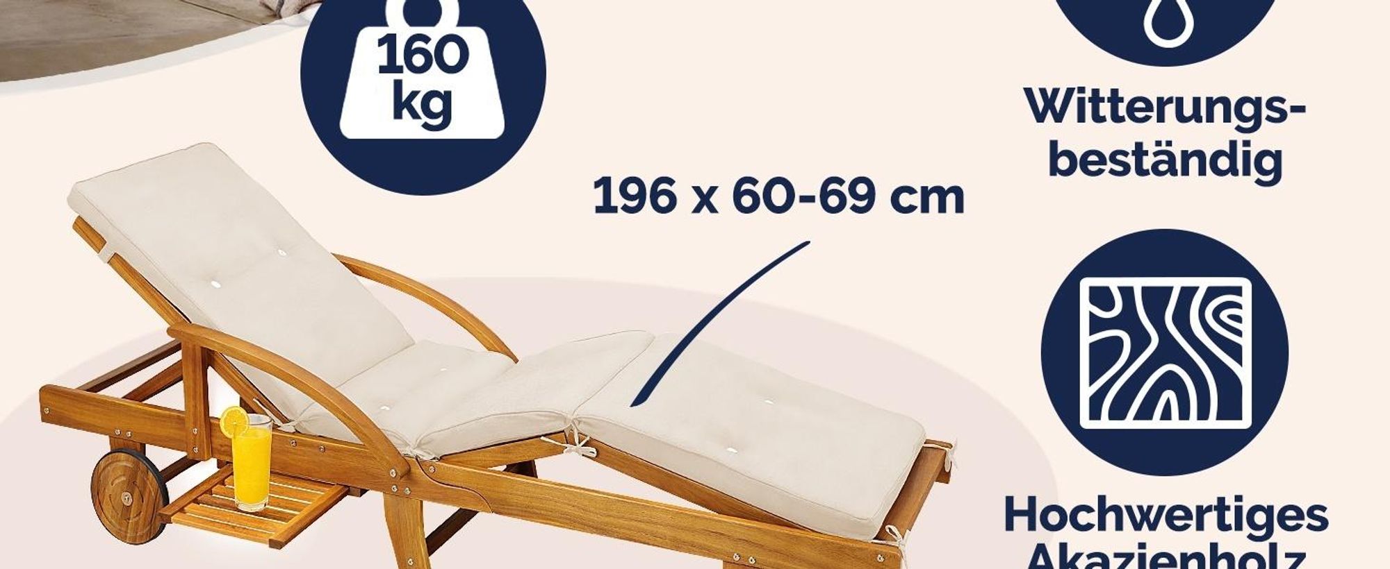 CASARIA® Sonnenliege Holz inkl. Auflage Creme 320kg Belastbar 195x55cm Klappbar Räder Rückenlehne Verstellbar Ablage Akazie Gartenliege Balkon Garten Terrasse Liege Wetterfest