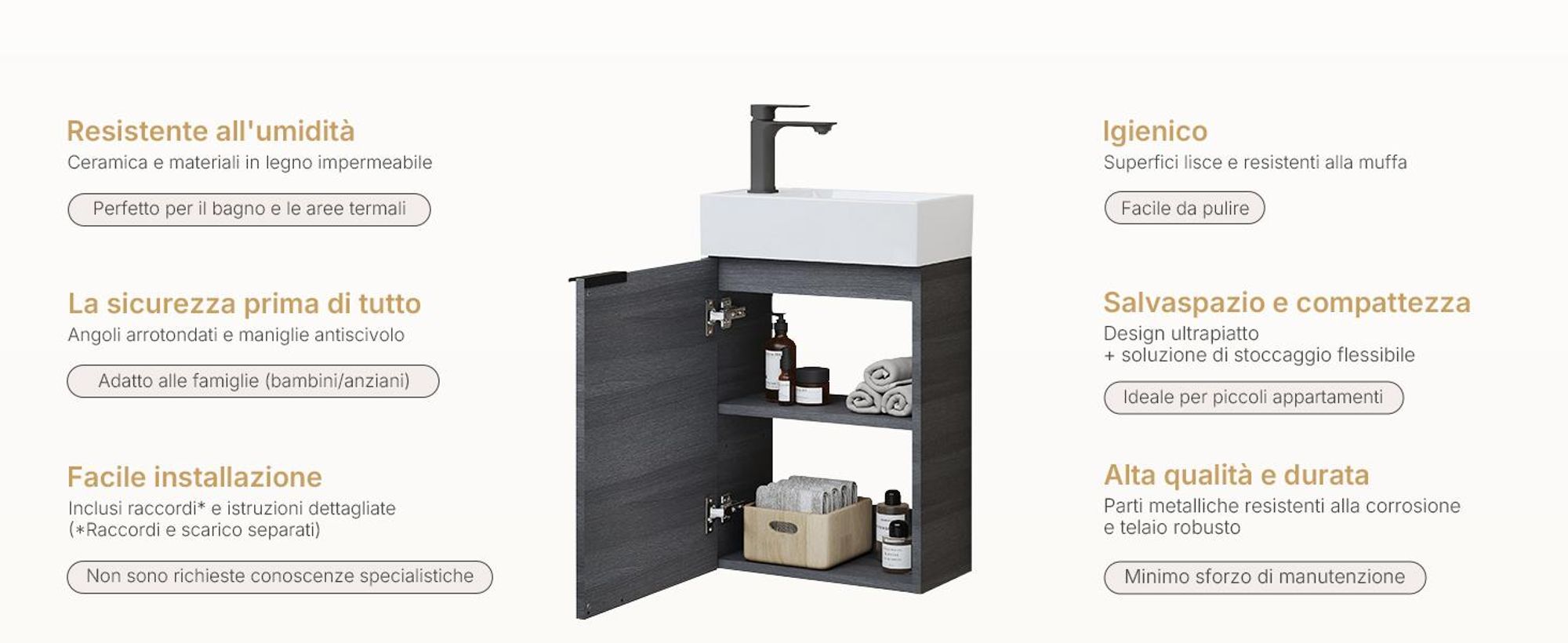 Set lavabo EMKE Mobiletto con lavabo in ceramica 417×240×646 mm sospeso, chiusura soft-close, grigio legno