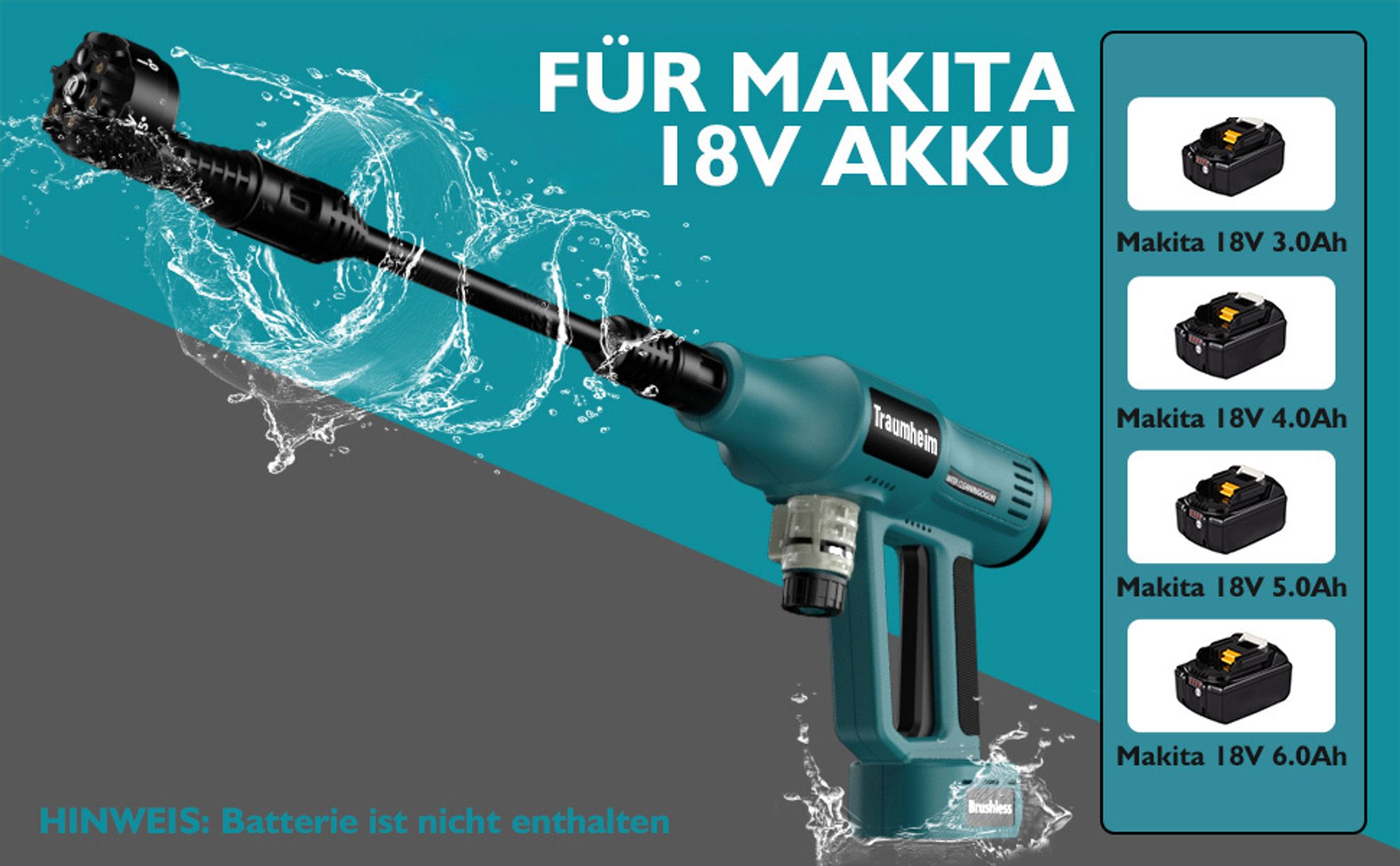440W Hochdruckreinigerpistole für Makita 18V Akku (ohne Akku) mit Verlängerungsstange & 6-in-1 Düse, 5m schlauch - Für Auto, Haus und Garten