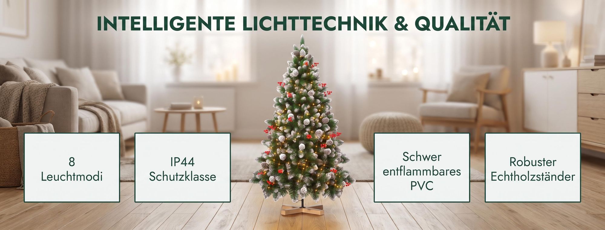 LARS360 Künstlicher Weihnachtsbaum 150 cm mit Holzständer, Schnee-Effekt, Tannenzapfen und roten Beeren, grüner Weihnachtsbaum für Weihnachten