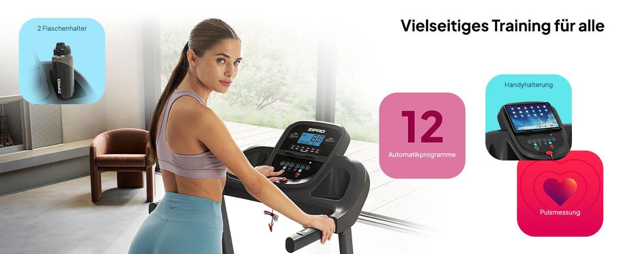 Zipro Tekno klappbares Laufband, 1080 W leiser Elektromotor, breite Lauffläche 40cm Laufband für Zuhause Klappbar mit Steigung SportRun Running Sport