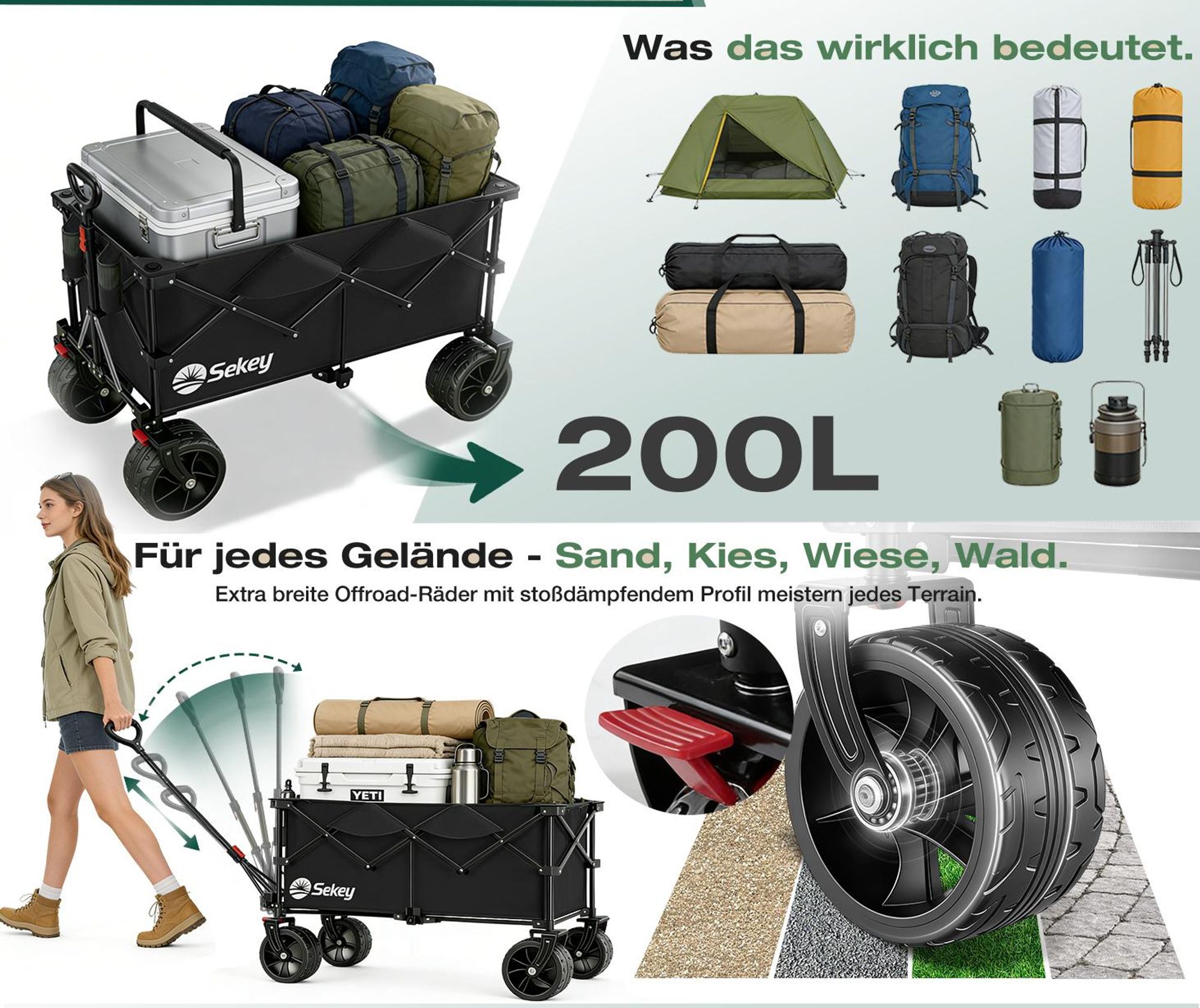 Sekey XXL Plus Bollerwagen Faltbar mit Extra Breite Räder, Faltbollerwagen belastbar 200kg Handwagen Klappbar Transportwagen, Schwarz