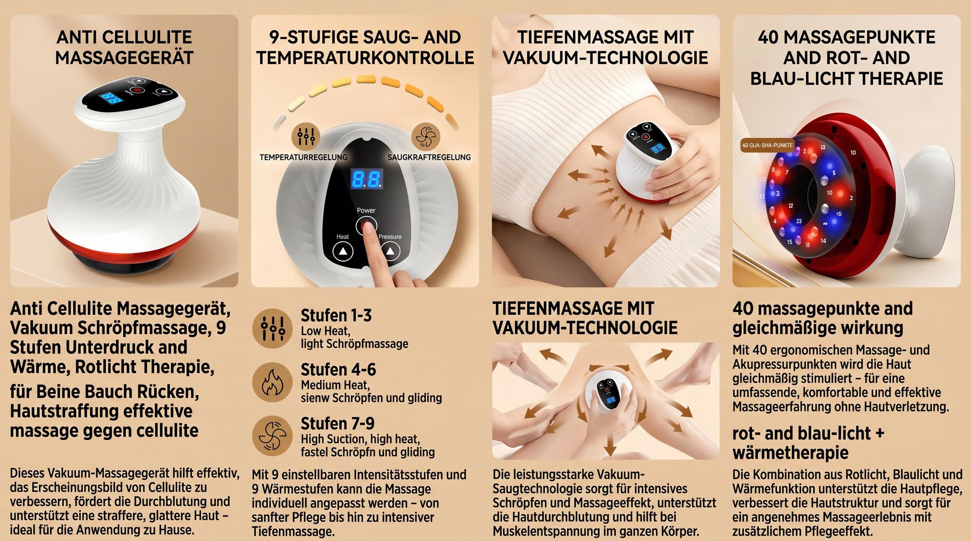 Anti Cellulite Massagegerät, Vakuum Schröpfmassage, 9 Stufen Unterdruck & Wärme, Rotlicht Therapie, kabellos, für Beine Bauch Rücken, Hautstraffung