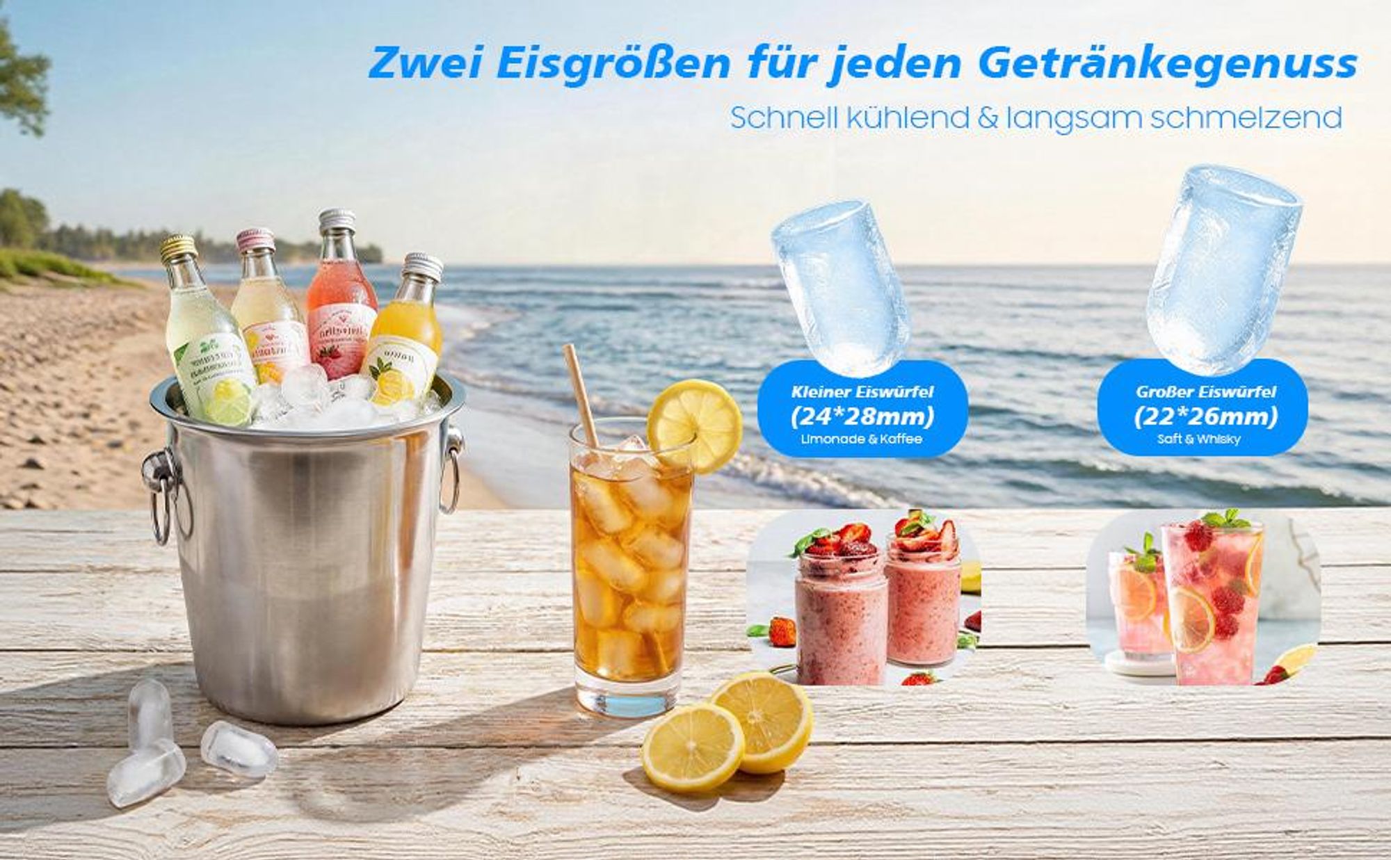 Eiswürfelmaschine, Selbstreinigung, 12kg/24h & 8 Eiswürfel in 6 Minuten, Lebensmittelecht Innenbehälter, 2 Eisgrößen, inklusive Eisspatel