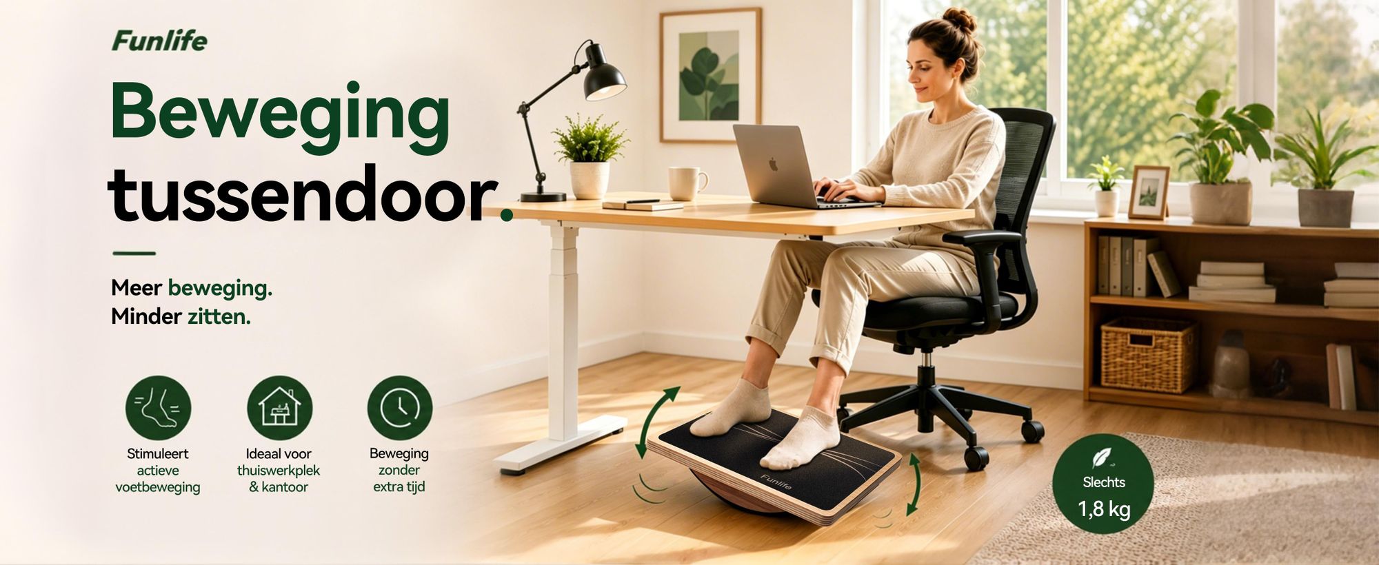 FunLife houten balansbord, wiegplank voor evenwicht en coördinatie, geschikt voor thuiswerken, antislip, 43 x 33 cm, belastbaar tot 159 kg