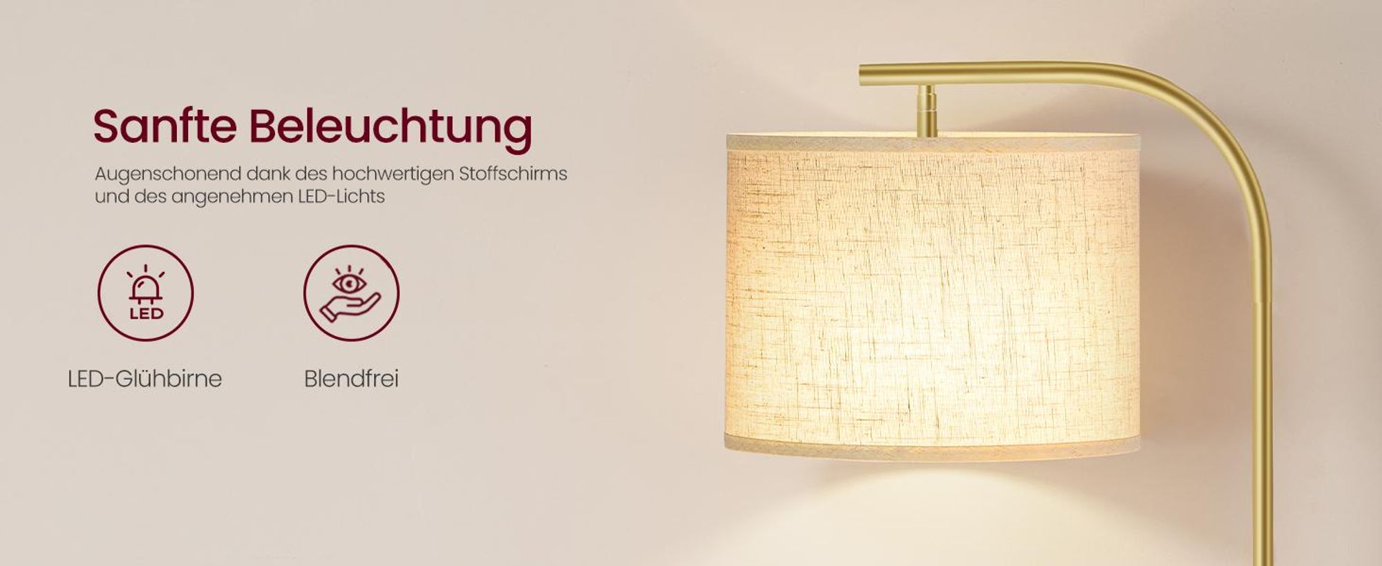 VASAGLE Stehlampe modern mit höhenverstellbarem Bogen, Leselampe mit Fußschalter, für Wohnzimmer, Stoffschirm, E27, gold